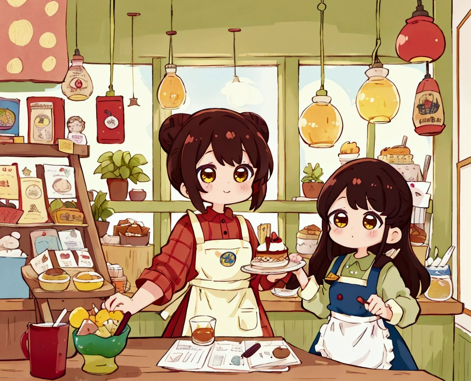  cartoon picture of a cafe named  " miller" There were two girls working there, one of them with long red black hair, brown eyes, wearing yellow and green aprons and sleeves, the left hand holding a tray with tea, the right hand holding a tart holder, while with 2 cute buns hair girl wearing a white dress and wearing a black apron, holding a pencil and a food manual sheet. The shop counter wrote: "miller Cafè"  . The background is a red and white checkerboard pattern. The picture is drawn in an unusual cute pattern with bright colors and soft light. It causes a sense of fun and playfulness 