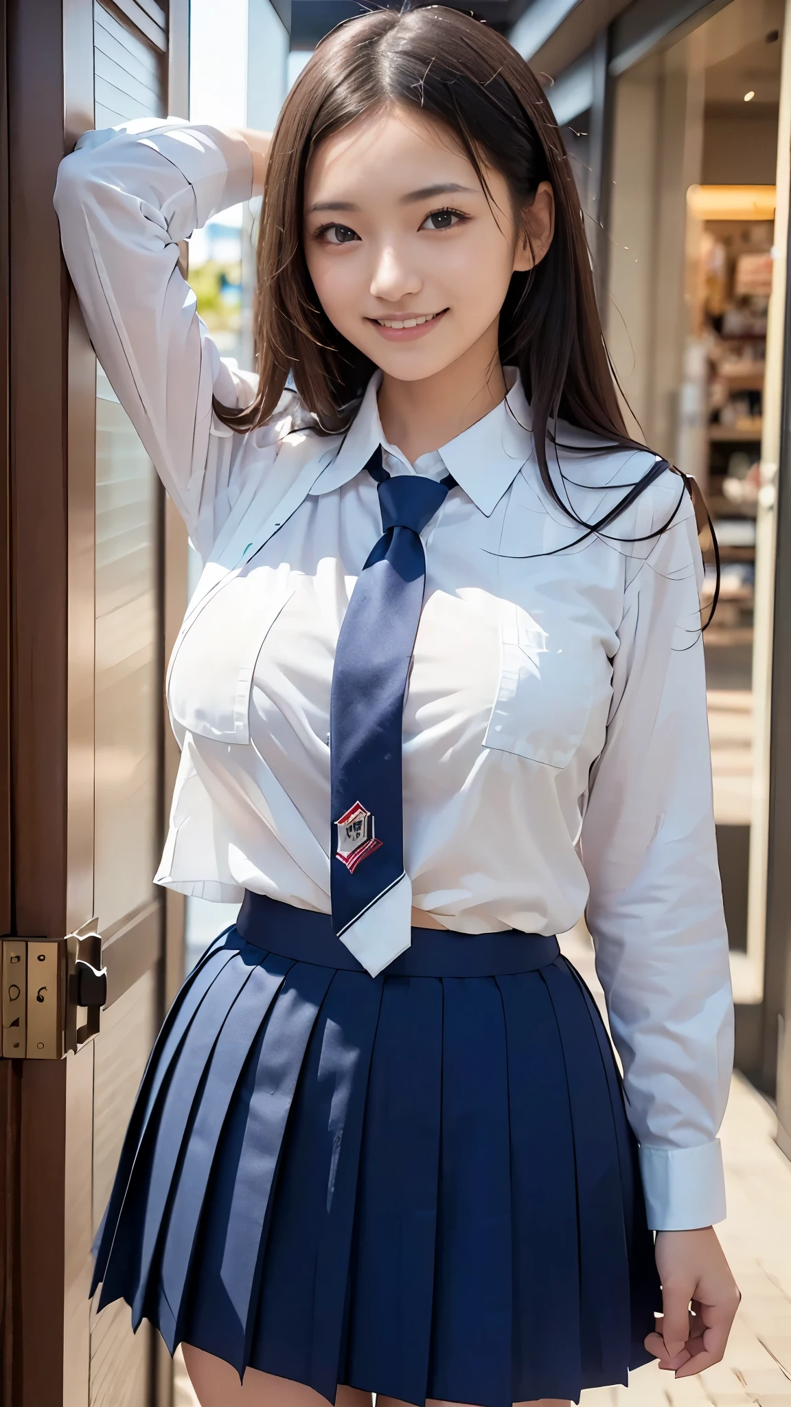 Best Quality,masterpiece, ultra high resolution,high definition raw color photo, professional photography, Natural Skin Textures ,Fine skin,hyperrealism, Japanese Women,((smile,((Schoolgirl uniform,WHITE shirt, cutter shirt), Navy pleated skirt,Short tie))),arms behind head,gigantic breast, arcade