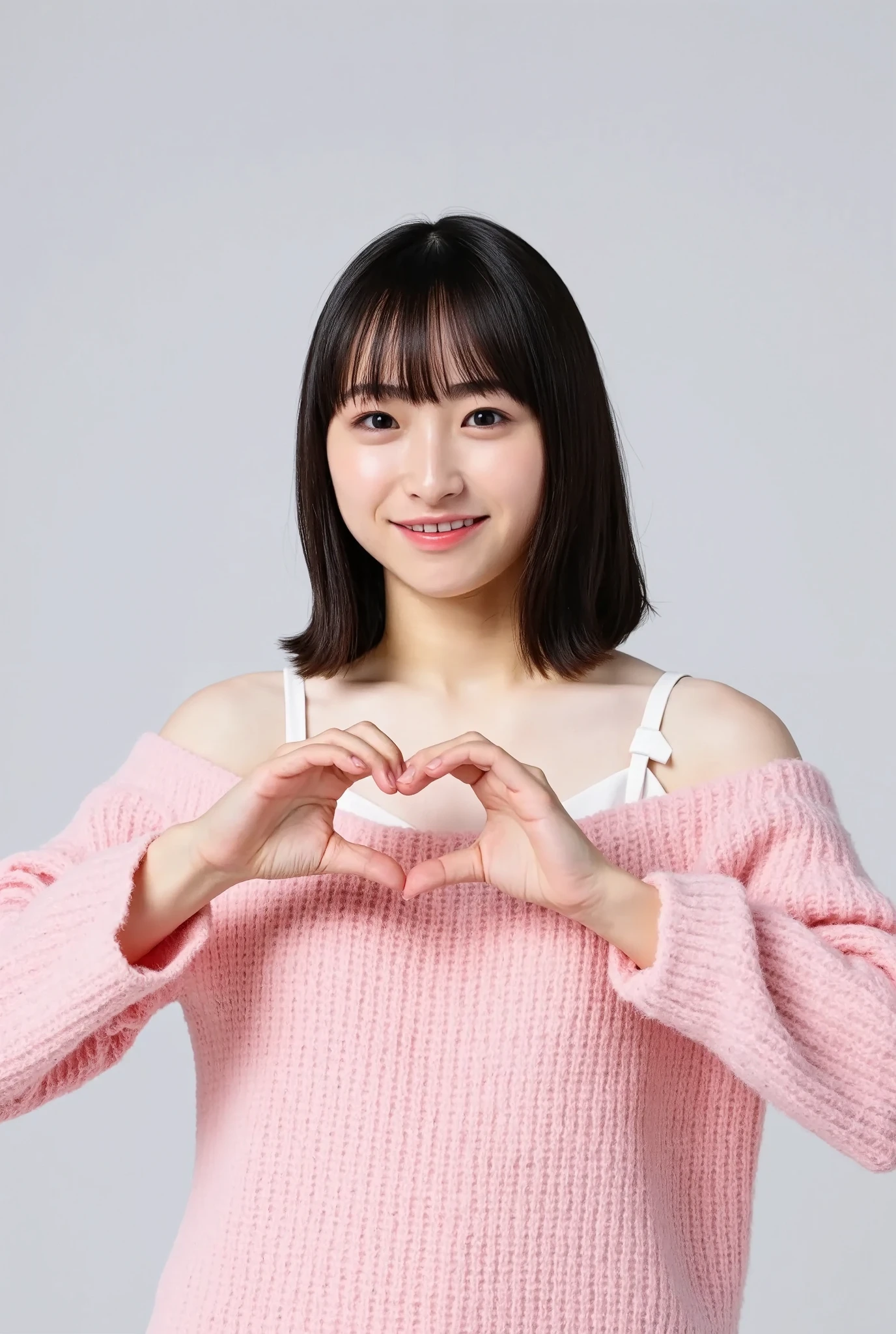 Only one woman with a cute smile is in a pose wearing off-shoulder pajamas, making a firm big heart shape with both hands, and holding them in front of her chest, View above collarbone、The background is a monotone 

