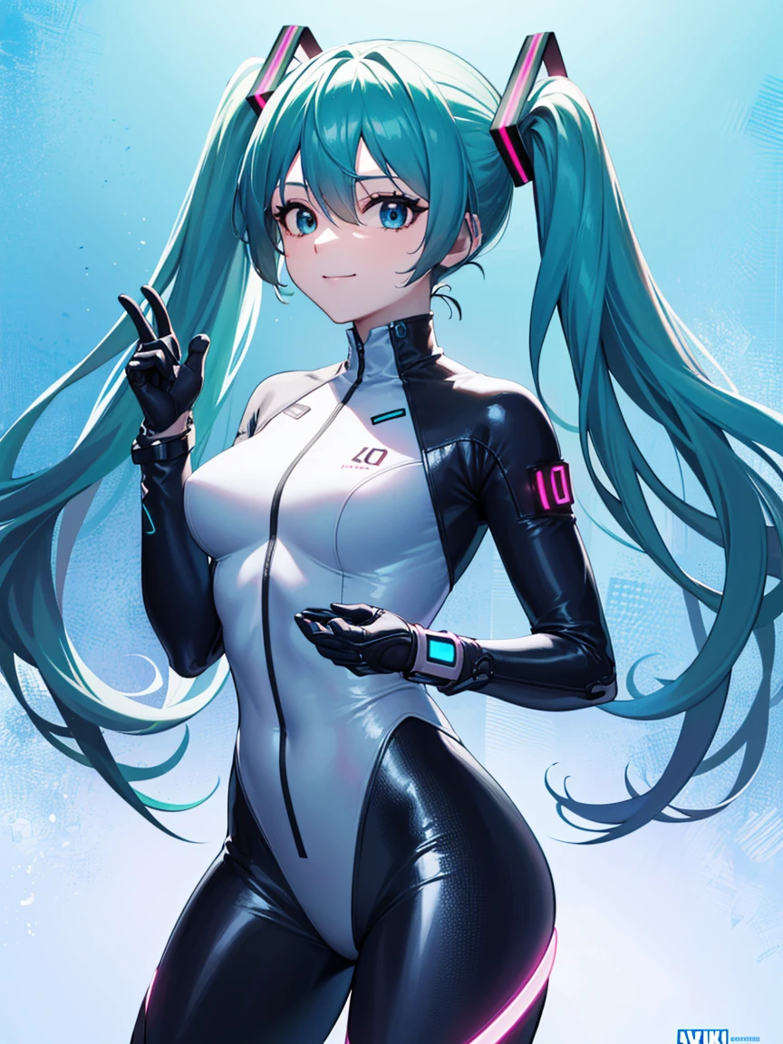 Sugar Angle,  Hatsune Miku, (hatune friend), ,  hair between eyes,  headgear ,  interface headset , turquoise hair,  twin tails, (頭部は Hatsune Miku),smile,(The bodysuit is turquoise ),  long sleeve, ( turquoise plug suit ), ( and the background is inside a bright futuristic spaceship), looking at viewer, ( cowboy shot:1.5), break (masterpiece:1.2), Best Quality,  high definition, Unity 8k wallpaper, (Illustration:0.8), ( beautiful eye with attention to detail:1.6), Detailed face, perfect lighting,  Extremely Detailed CG , (Perfect hands,  COMPLETE ANATOMY),