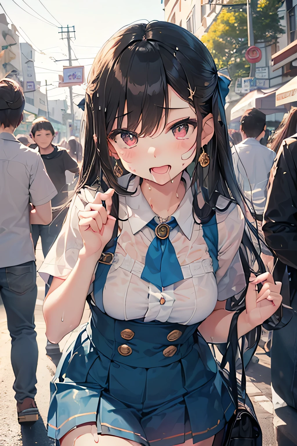  one woman, young girl、、Junior high school students,((   Puella Magi Costume)) ,(((    pinch slip    ))), )), ((()))((I have my mouth open)),(((   Puella Magi Costume))(Happy ahegao),Wet with sweat,(Black-haired,),((street,crowd,))(())