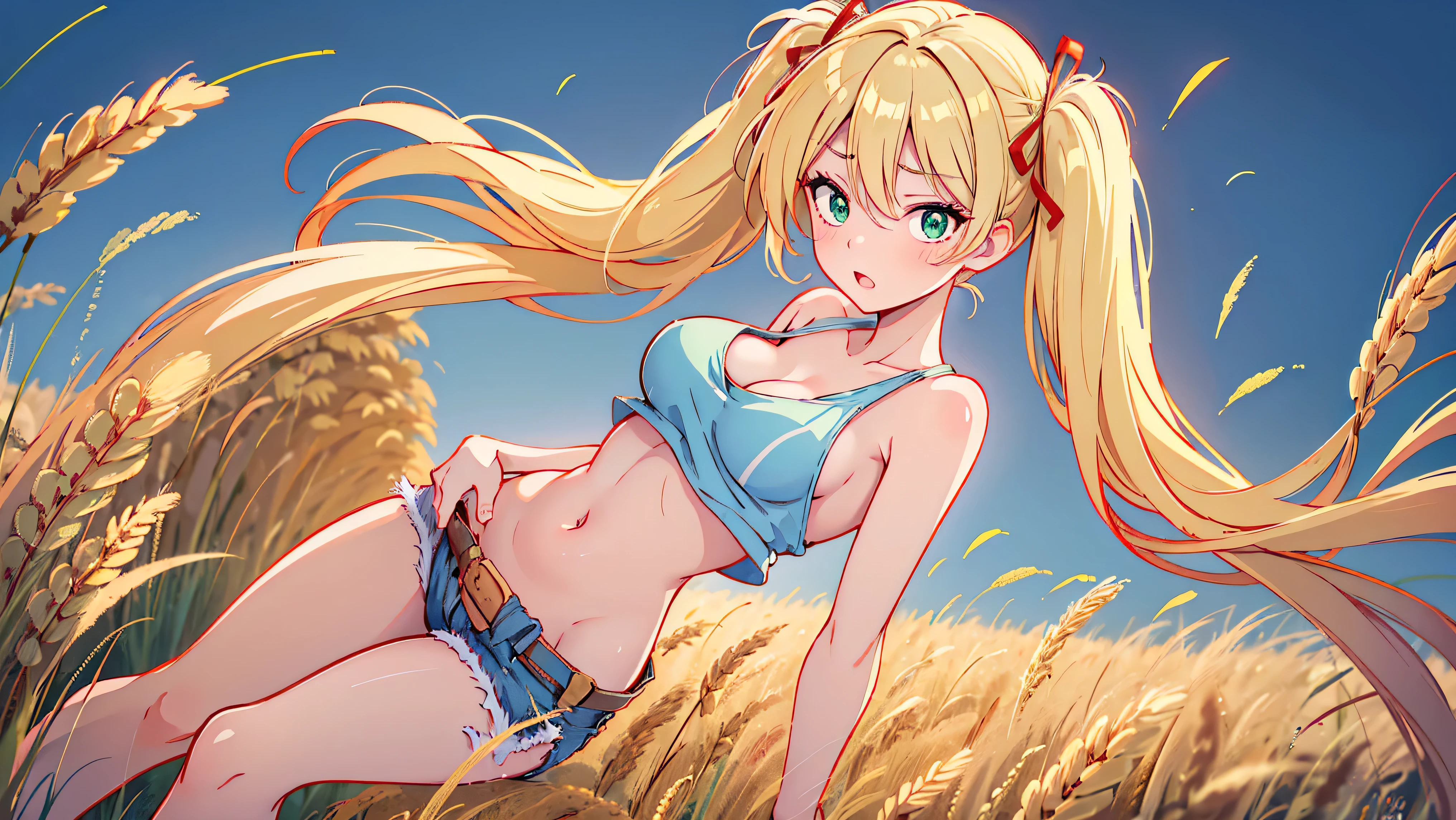 1girl, solo, (masterpiece, best quality, High Detail, 8K), blonde, long wavy hair, twintails with red ribbons in hair, dark tanned skin, extremely sexy, bikini tan, ((large breasts, busty)), Head to hips shot, Full body shot, cowboy shot, skinny, large green eyes, ((thin waist, small hips, long torso)), ((Dean Yeagle Style - Mandy)), wearing cutoff bluejean short-shorts, country girl, standing in a wheat field, farm background, wheat field,