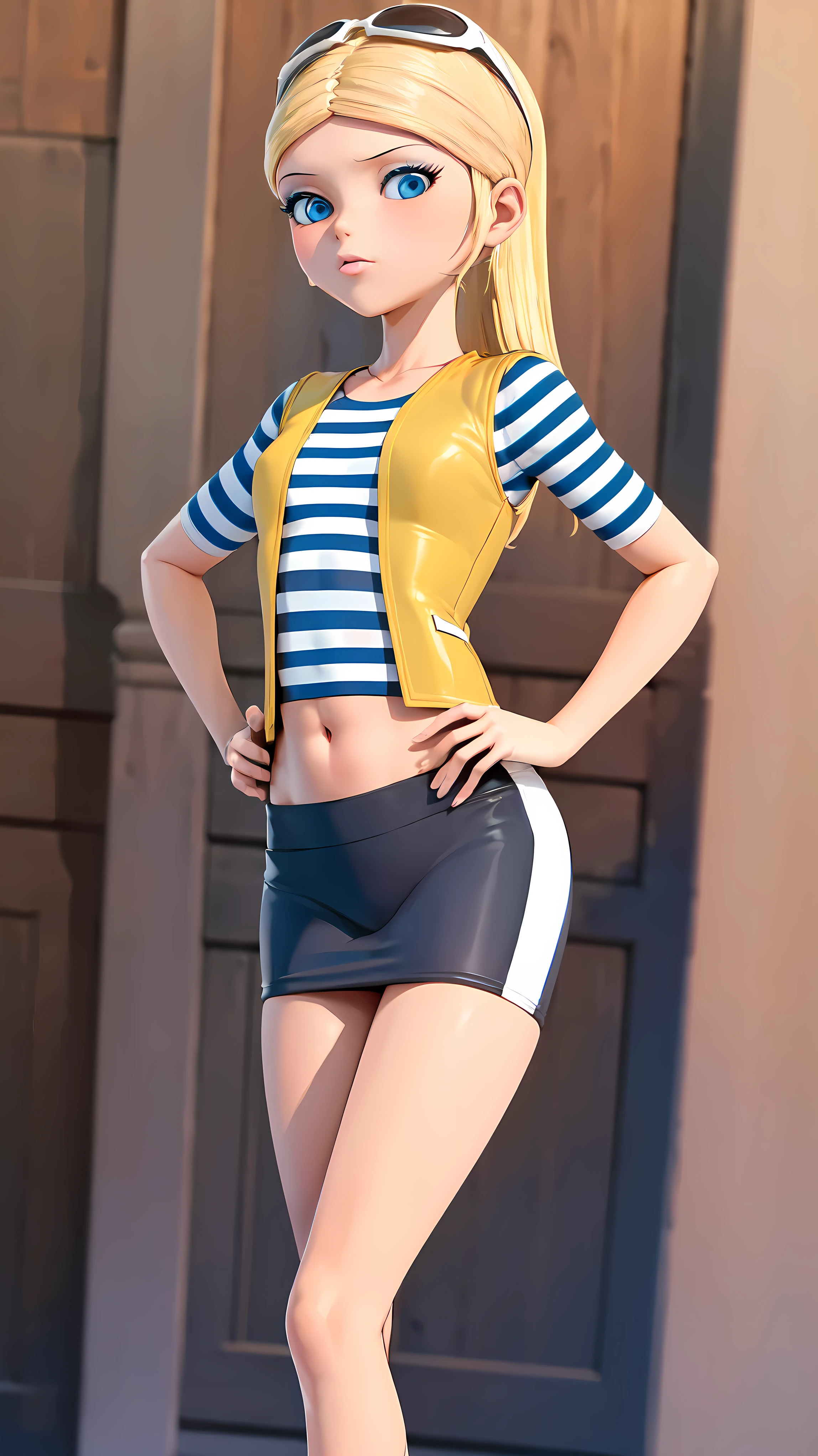 (8k, RAW photo, best quality, masterpiece:1.2), (intricate details), highres, perfect eyes, perfect face, perfect lighting, beautiful, (masterpiece:1.2), (best quality:1.2), 1girl, solo, chloe, blue eyes, blonde, sunglasses on the head, yellow beanie, yellow vest, white miniskirt, black white striped shirt, long yellow socks, navel shirt