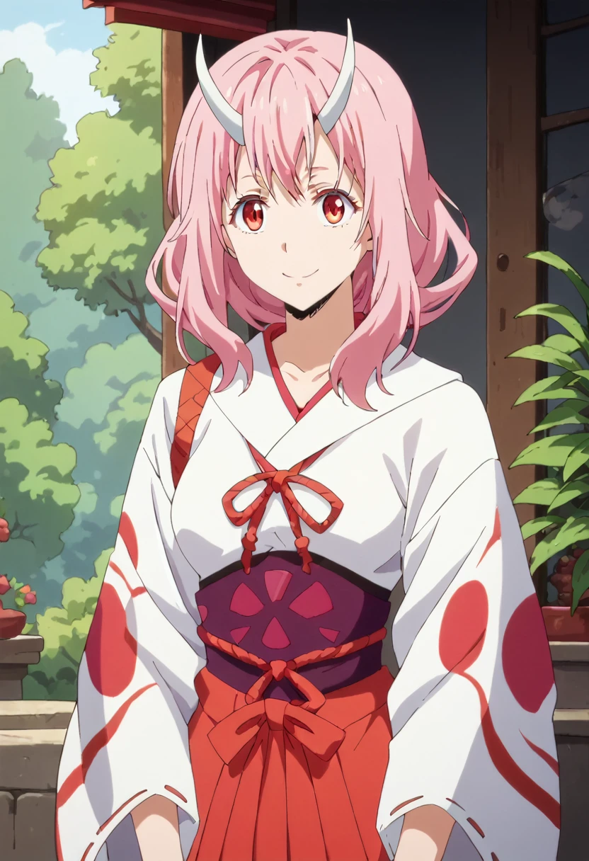   score_9,   score_8_up,   score_7_up,   anime style,  Watch Viewers ,   cowboy shot, slimes_shuna, white horns,  pink hair, kimono, kimono, Red Hakama,  one woman, smile, Detailed eyes,