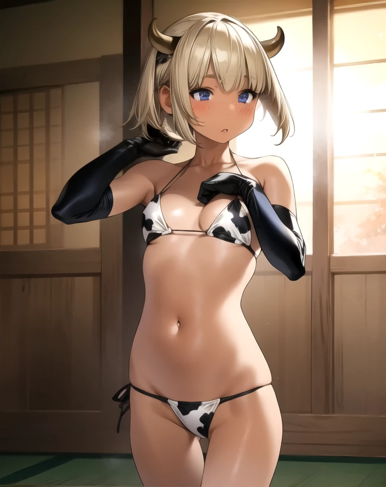  nsfw,   very detailed,     high quality:1.5, ((masterpiece)),masterpiece, beautiful, Full body photography ,((  1 girl, Dark Skin Tone ,Short Blonde Bob,  blue eyes)), bangs,  Short cut,(( shortcuts)),(( Dark Skin Tone :1.3)), shiny skin,   oily skin   ,(Small breasts:1.1),(( Cow print bikini, Thigh length,   Elbow Gloves )), jewellery,  earrings for a woman alone , tatami,banquet hall,((    embarrassing,)),  Sexy Poses  ,  highlights ,