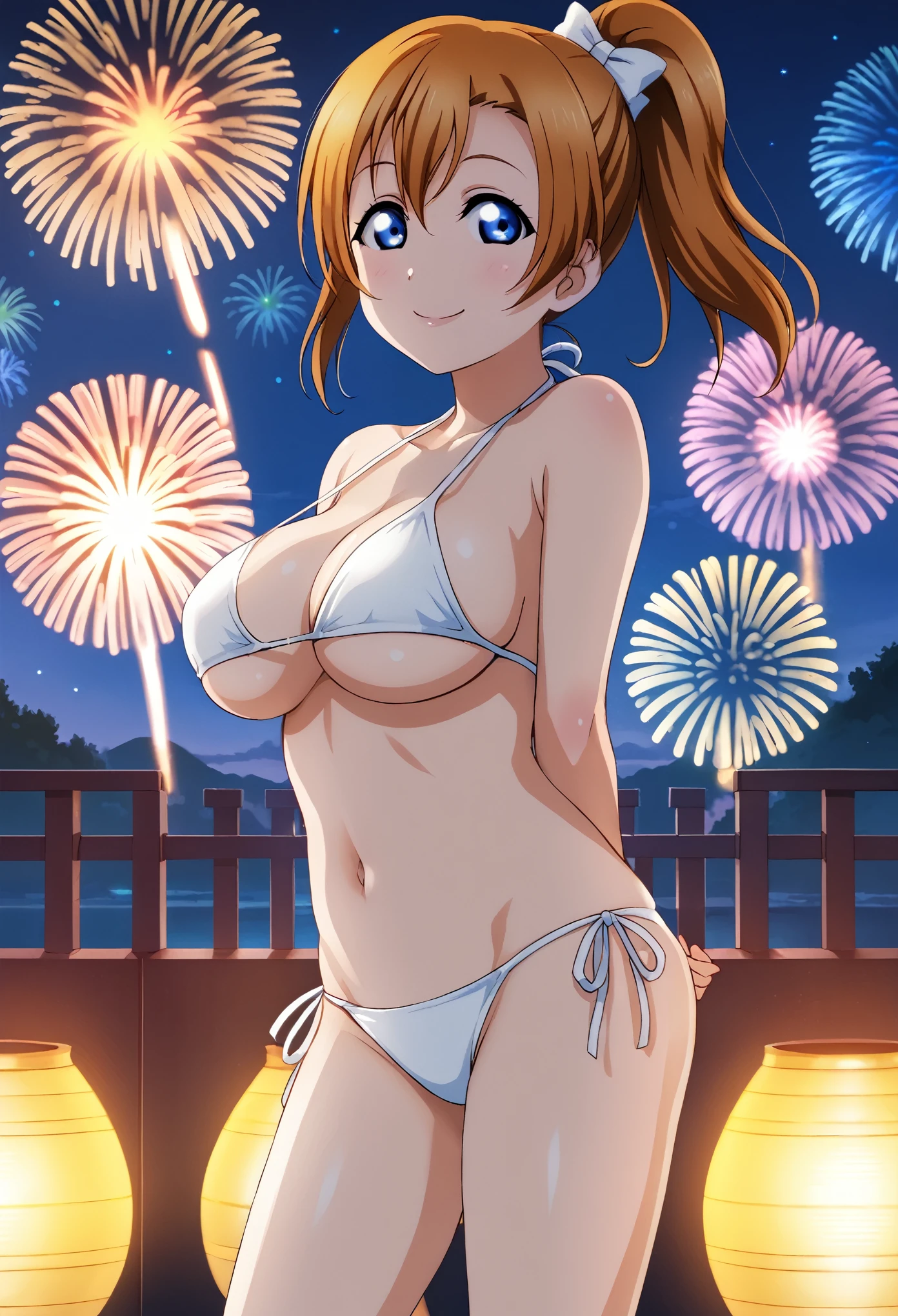 Kousaka honoka, night, bar,  micro bikini, pussy, short hair, hair ornament, crotch lines, upper body , smile, looking at viewer , sexy , sweating, medium breasts, arms behind back ,(cameltoe:1.2)