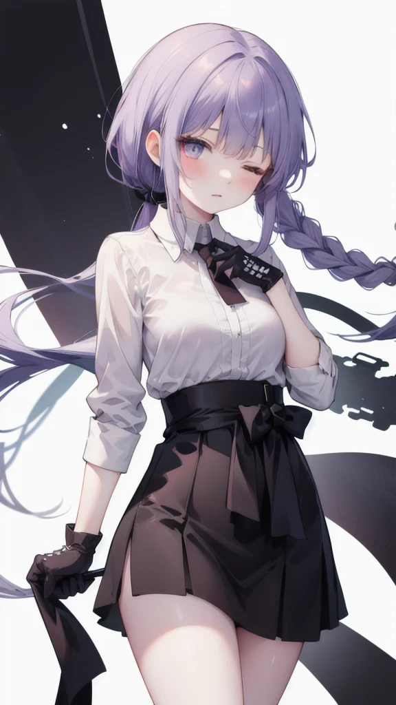  Kyoko Kirigi stands alone against a simple white background 。 Her long purple hair is tied in a ponytail ， with braids on the sides 。 she wears a collared dress shirt 、 black gloves and miniskirt 。 Her medium sized breasts stand out under the tight fabric。 her eyes are closed ，Her mouth is also closed 。A black belt is tied around the waist， She is holding a black jacket that has been taken off in one hand ，The arm is slightly raised， like reaching for something 。