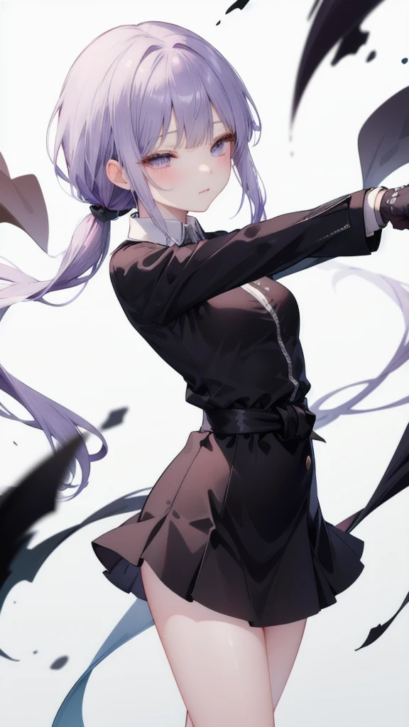  Kyoko Kirigi stands alone against a simple white background 。 Her long purple hair is tied in a ponytail ， with braids on the sides 。 she wears a collared dress shirt 、 black gloves and miniskirt 。 Her medium sized breasts stand out under the tight fabric。 her eyes are closed ，Her mouth is also closed 。A black belt is tied around the waist， She is holding a black jacket that has been taken off in one hand ，The arm is slightly raised， like reaching for something 。