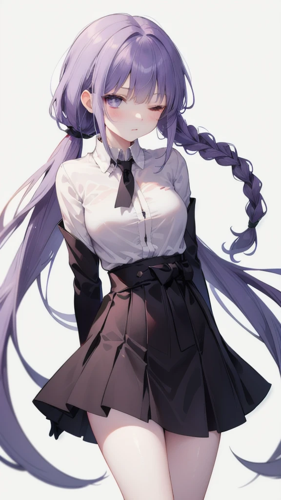  Kyoko Kirigi stands alone against a simple white background 。 Her long purple hair is tied in a ponytail ， with braids on the sides 。 she wears a collared dress shirt 、 black gloves and miniskirt 。 Her medium sized breasts stand out under the tight fabric。 her eyes are closed ，Her mouth is also closed 。A black belt is tied around the waist， She is holding a black jacket that has been taken off in one hand ，The arm is slightly raised， like reaching for something 。