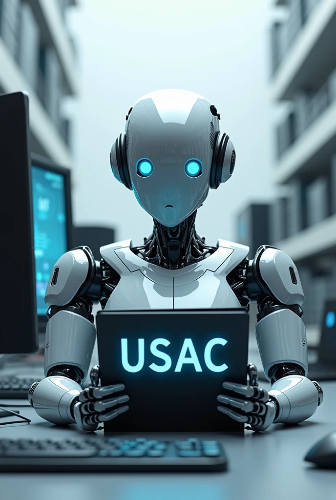 Robot with a notebook in his hand that says USAC and that there are ...