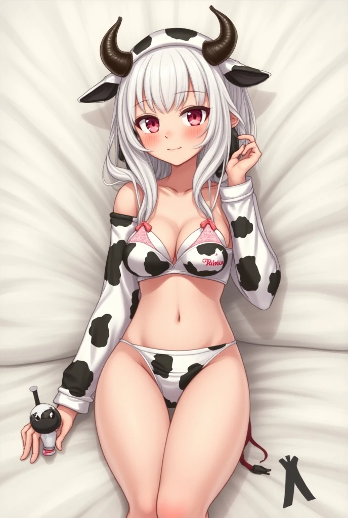 bed, long white hair, cow girl, cowsuit, bell around neck, heterochromia, big breast , laying on the back