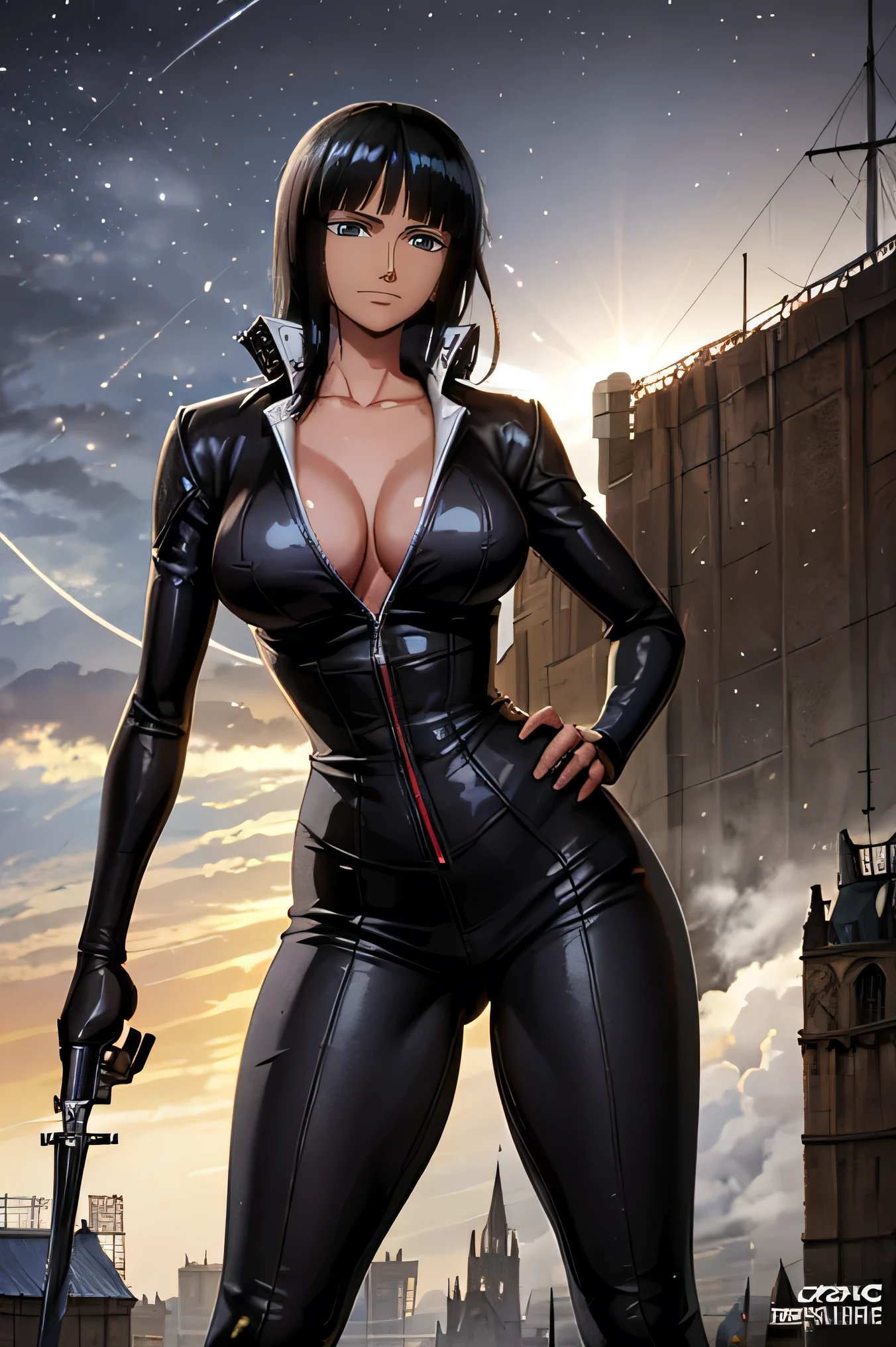20years old woman, 180 cm tall, ((((( female assassin))))), (((wearing bikini suits))), model-like beauty, perfect features, chest area. Large exposed, ((medium breasts :1.2)), England castle in the background, standing on the castle, (((((dynamic pose:1.1))))), (((high quality:1.1))), (((high resolution:1.1))), (((realistic:1.2))), ((((Detailed description:1.1)))), slim waist, plump upper body, plump lower body, perfect arms, perfect collarbone, perfect fingers, perfect five fingers, perfect hands, perfect limbs, perfect hips, Perfect butt, perfect thighs, perfect legs, movie lighting,black skin, black skin