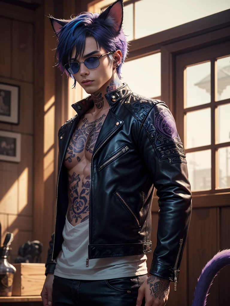 a cute guy with purple and blue hair, streaked hair, short hairstyle, wearing googles and a leather jacket, colorful tattoos, detailed accessories, ([cat tail and ears]:1.3), (intricate details), hdr, (intricate details, hyperdetailed:1.2), cinematic shot, vignette, centered