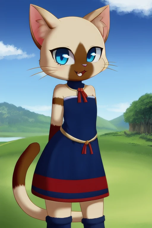 Airou,Cat girl,  soft shading,  Outdoor,  blue eyes, torn pupils ,  tan fur ,  brown fur,  dress,  fantasy 