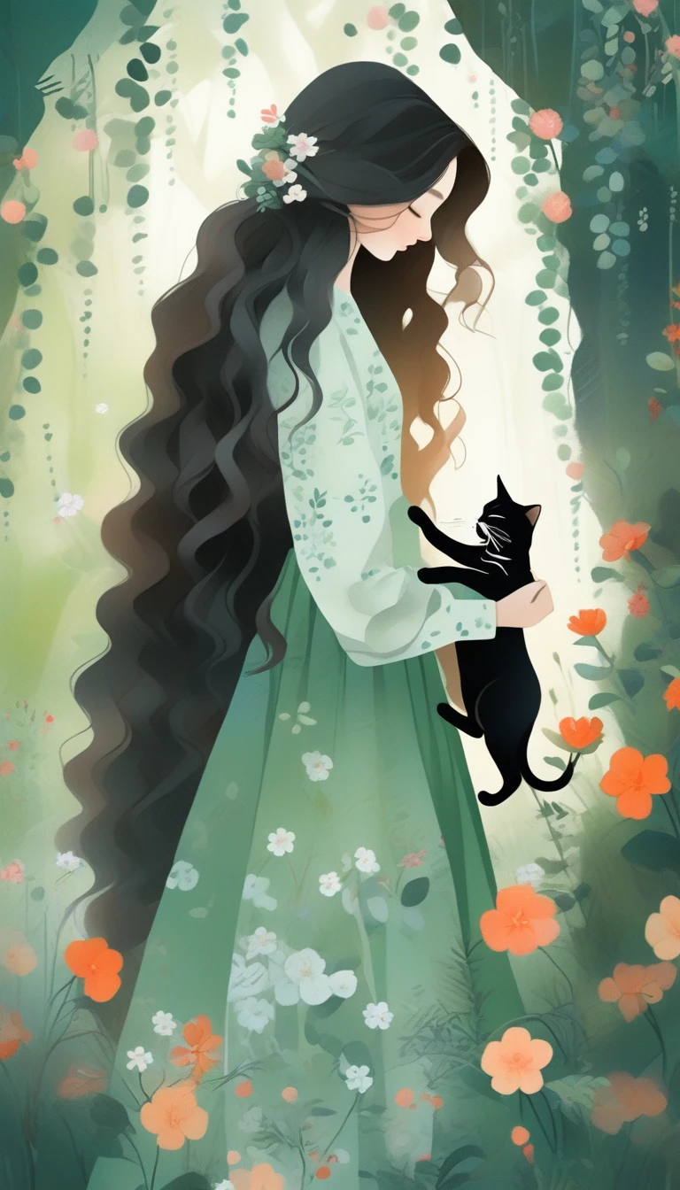 1girl, solo, long_hair, black_hair, long_sleeves, dress, holding, standing, closed_eyes, flower, artist_name, signature, from_side, english_text, tree, profile, animal, watermark, wavy_hair, floral_print, cat, plant, , nature, web_address, forest, curly_hair, green_dress, vines