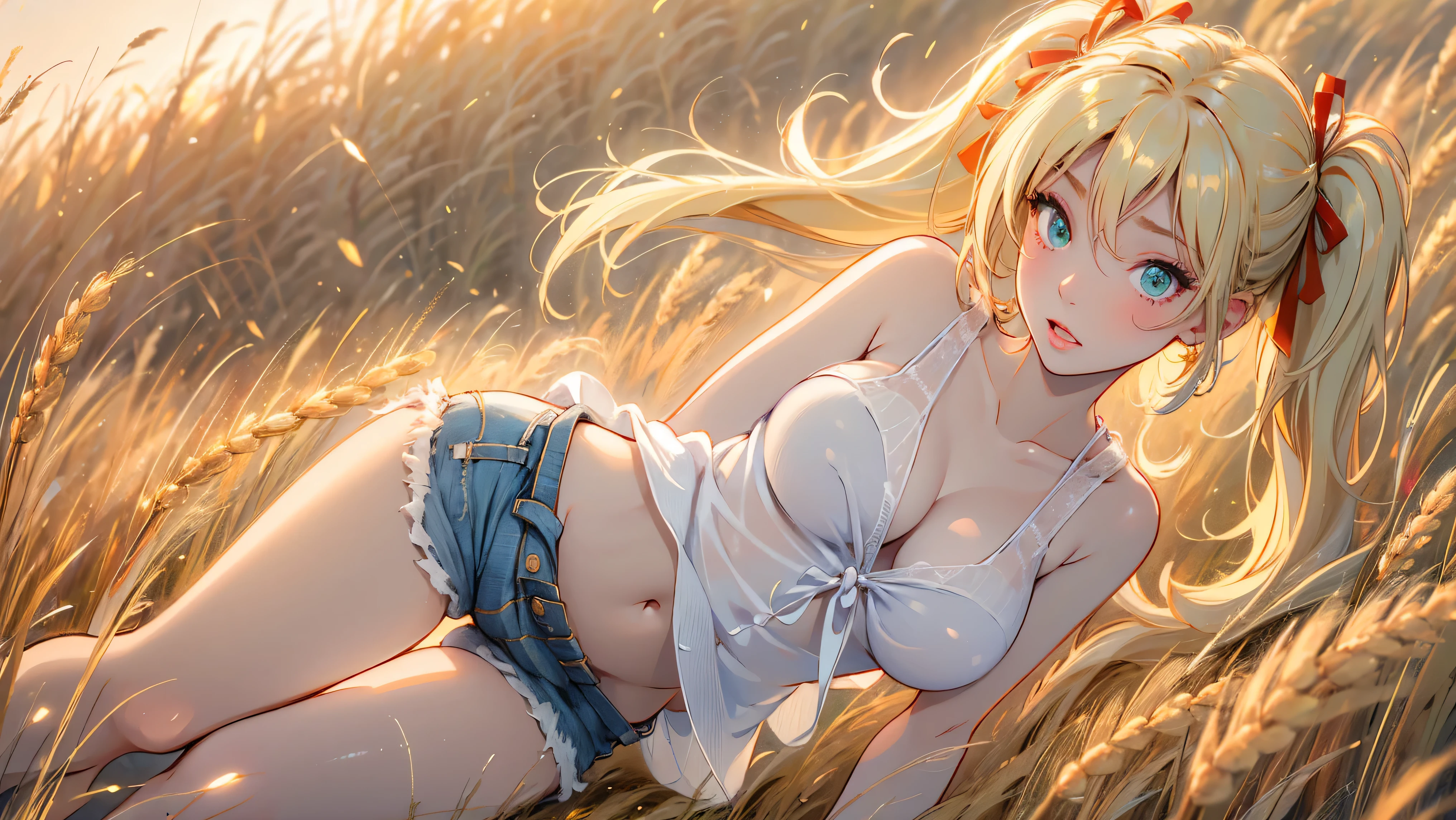 1girl, solo, (masterpiece, best quality, High Detail, 8K), blonde, long wavy hair, twintails with red ribbons in hair, dark tanned skin, extremely ,  tan, ((, busty)), cleavage, Head to  shot, Full body shot, cowboy shot, skinny, large green eyes, ((thin waist, small , long torso)), ((Dean Yeagle Style - Mandy)), wearing cutoff bluejean short-shorts and tied off button shirt, shirt busting  tied just under , country girl, standing in a wheat field, farm background, wheat field,