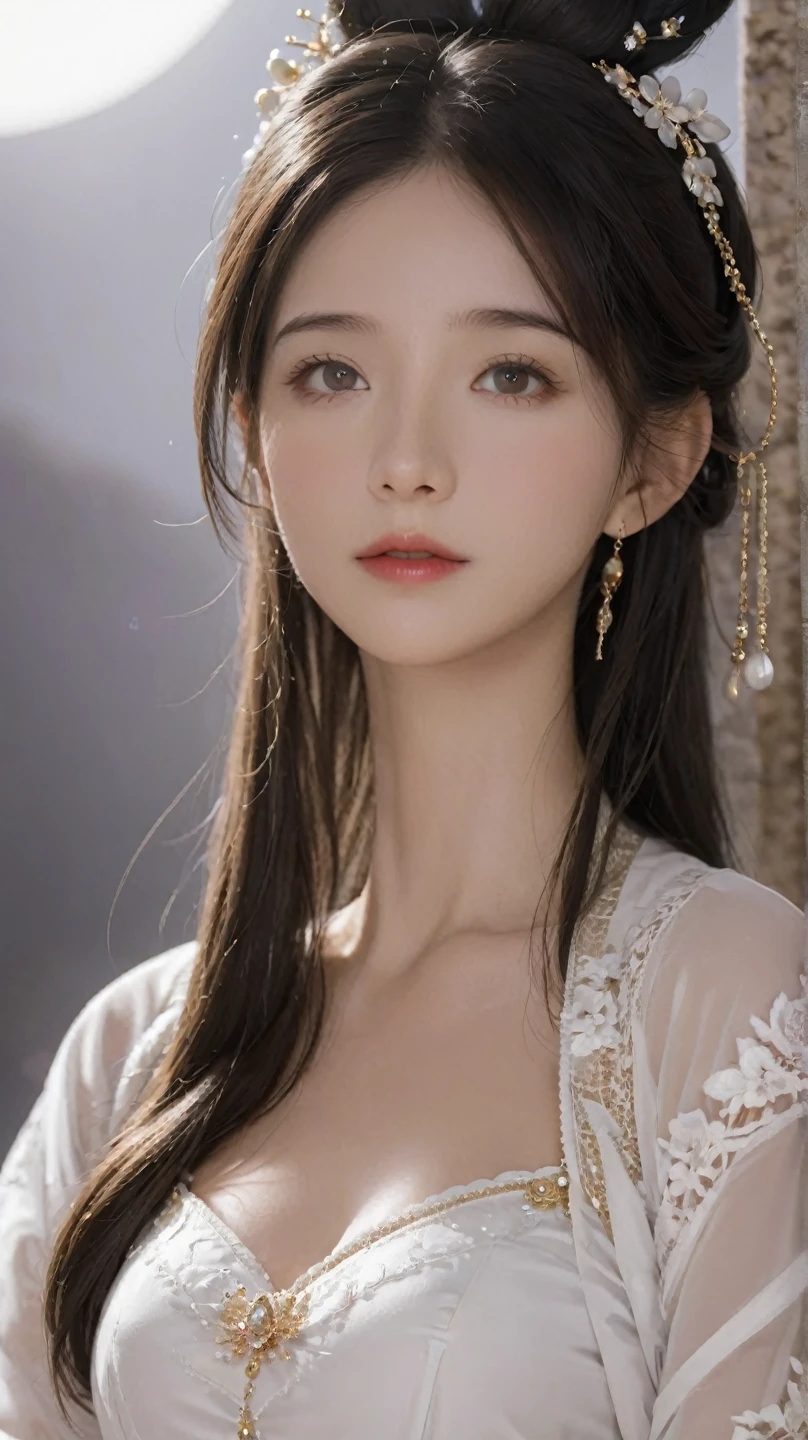 Game Art，CG Animation， best image quality，Maximum resolution，8K Picture Quality Dress ，(Bust Photo)，(portrait)，(Close-up head)，(Rule of Thirds)， Unreal Engine 5 rendering ，20-year-old girl，((Queen))，Very detailed eyes ，(  big breasts )，Elegance and nobility，Light，Light线追踪，Game CG，(([3D Unreal Engine))，OC rendering reflection mode，4K， Ultra HD，Translucent lace，Fair and plump figure， Beautiful face ，Light泽凝胶涂层，身着华贵礼服的Queen，Gorgeous Clothing，Luxurious and exquisite jewelry，Colored makeup， Chinese Hanfu ，The princess is wearing a dress