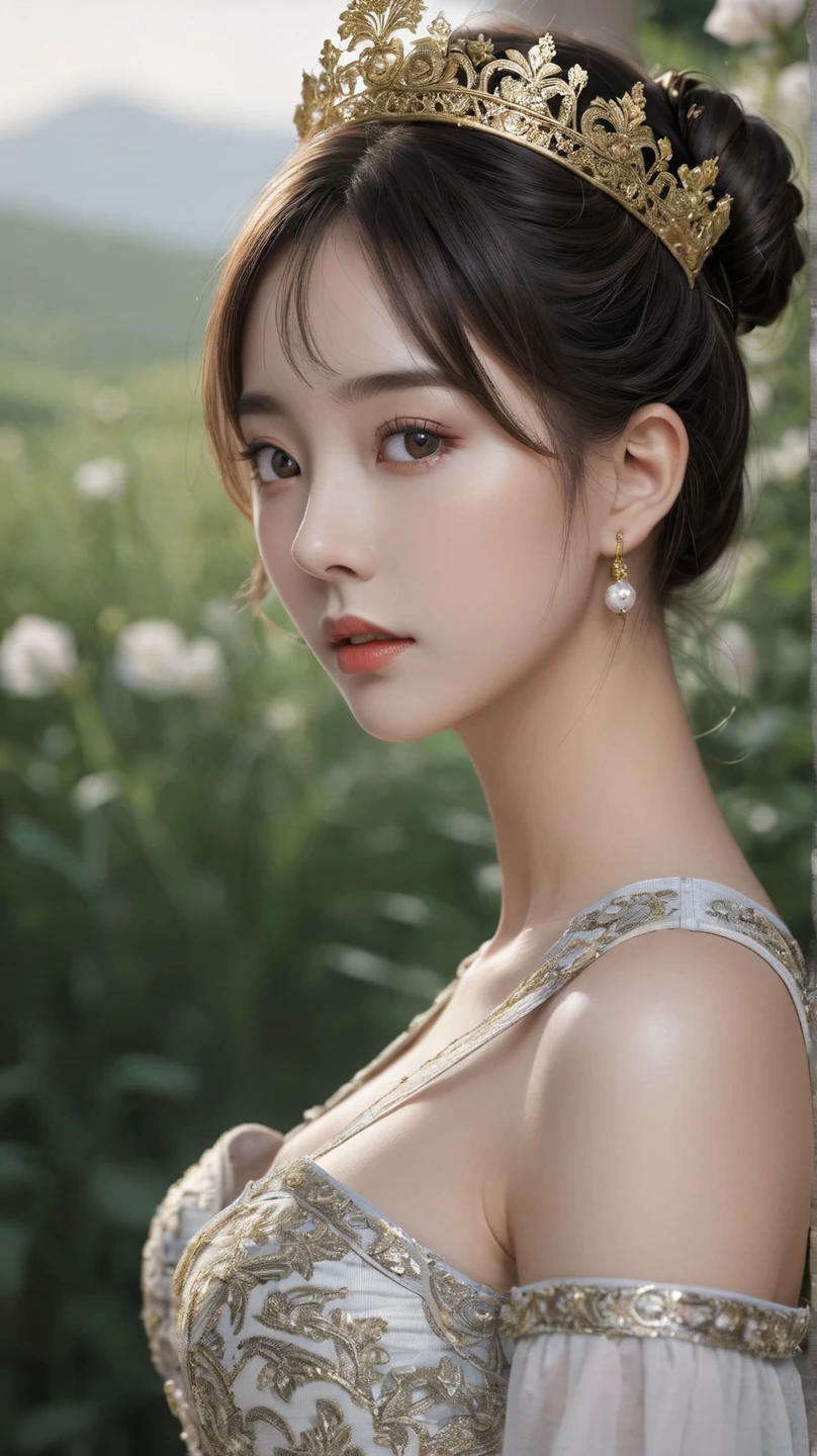 1 Girl,  alone ,  masterpiece ,  Extremely exquisite metallic style , hair1yunbing, Short hair, Hair Bun, 大hair, hair, Hair Bun,  Detailed eyes ,  Metallic crown with gorgeous stripes, 飘逸的hair, Delicate face , Silver clothes,  Clothes with gold lace , ,