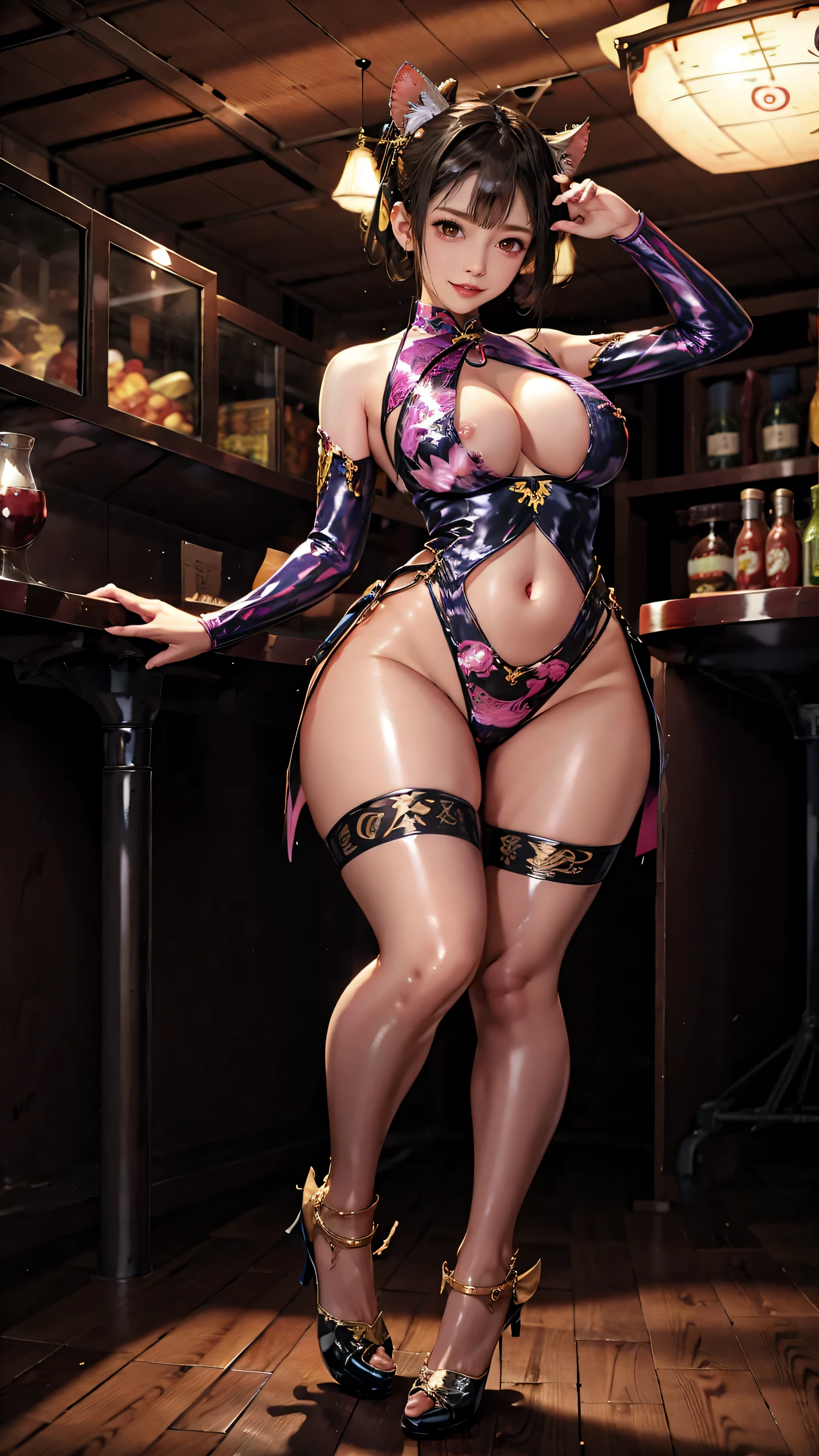      masterpiece     ,     best quality,     high resolution     ,     1 girl at home   ,    Huge Breasts   ，  coppery skin,(     very slim and straight legs    )，,(Very long legs，[[[[[Straight Legs),,High heel,Long Method, stand at your feet,     Shot from above    ,       perfect figure      , Have perfect legs,(Appearance)， A full-body flirter     ，    Cyberpunk Character    ，     dynamic posture，    1 girl at home   ， Delicate eyes    ，     Purple Eyes    ， Eyeshadow，Make   ，   Blonde long hair   ，    Detailed specifications      ，  Delicate eyes     ，      looking at viewert     ， blush\（Make   \），      plump lips， Red lips，（  White hair  ：1.3）， （ stand at your feet）Mechanical static，Mechanical Summoning，(Headdress:1.1)，Headdress，(((( The pink leopard cheongsam  ))))，(     black mesh stockings     ，    Sock Belt Garter Belt      )，City，Luminous winding，     glowing butterflies     ，Cyberpunk lights:1.1)，neon，     Totally mechanized and futuristic   ，    technology， -street，Chinatown， street， sky sky，     Cyberpunk Character    ， Paper Lanterns， neon Super Resolution，（Reality：1.3），1（：1.2），dramatic lights，Vivid details，     luxurious cyberpunk     ，    Complex Background    ，     was shot dead by an octagonal object in the mountains   