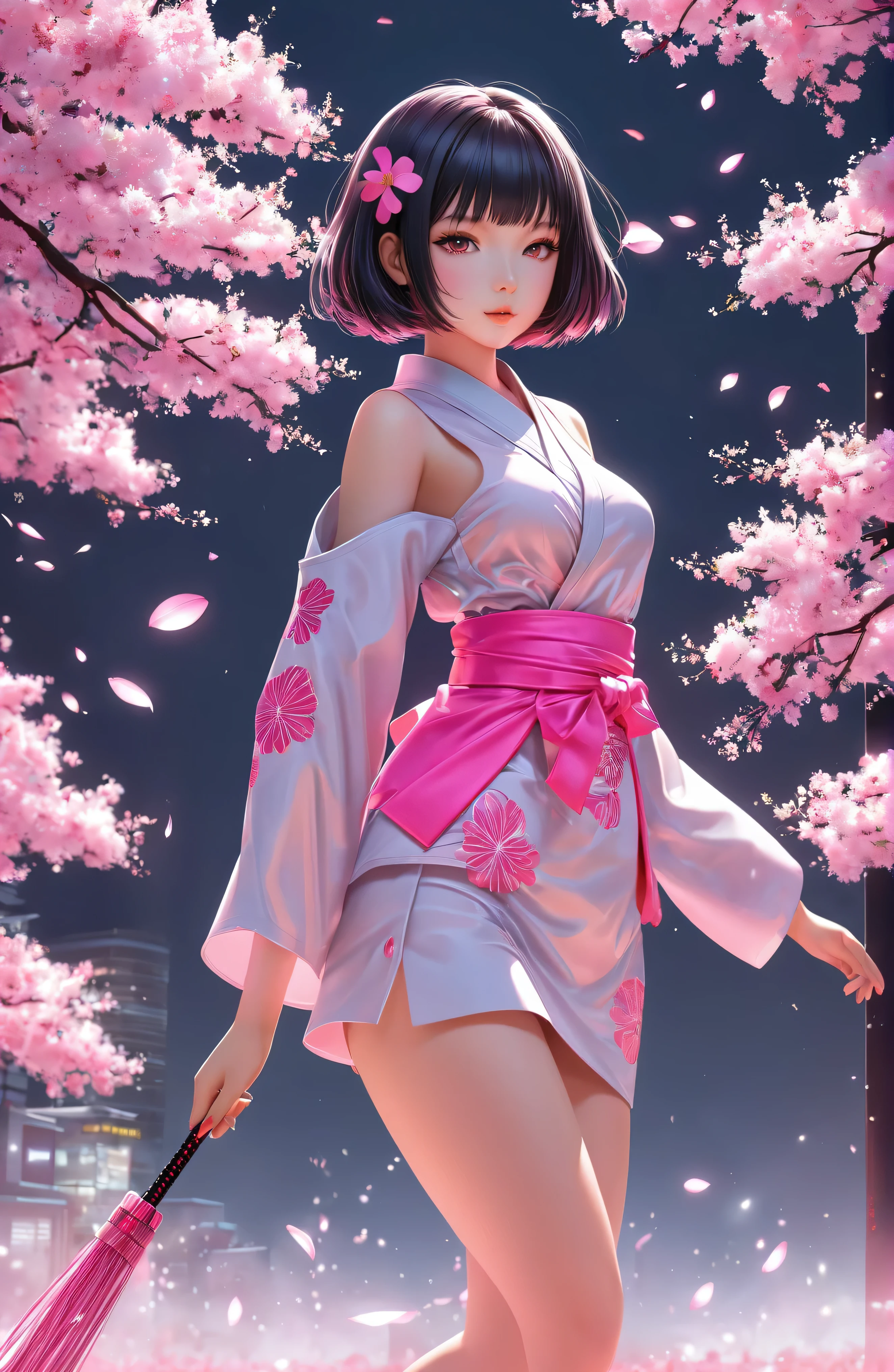 black Sakura, masterpiece, neon pink Bob, grey eyes, blunt cut, Japanese girl, full body