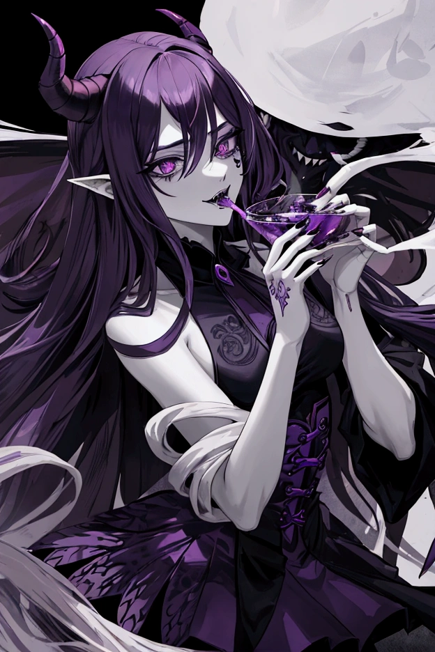 a demon(man) high, With purple eyes with claws, long nose, Ash hair, piel Blanca,  with fangs and a purple poison exhaling from her mouth