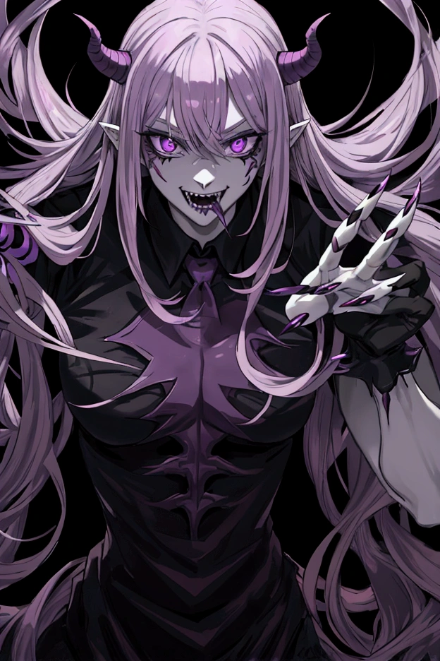 a demon(man) high, With purple eyes with claws, long nose, Ash hair, piel Blanca,  with fangs and a purple poison exhaling from her mouth