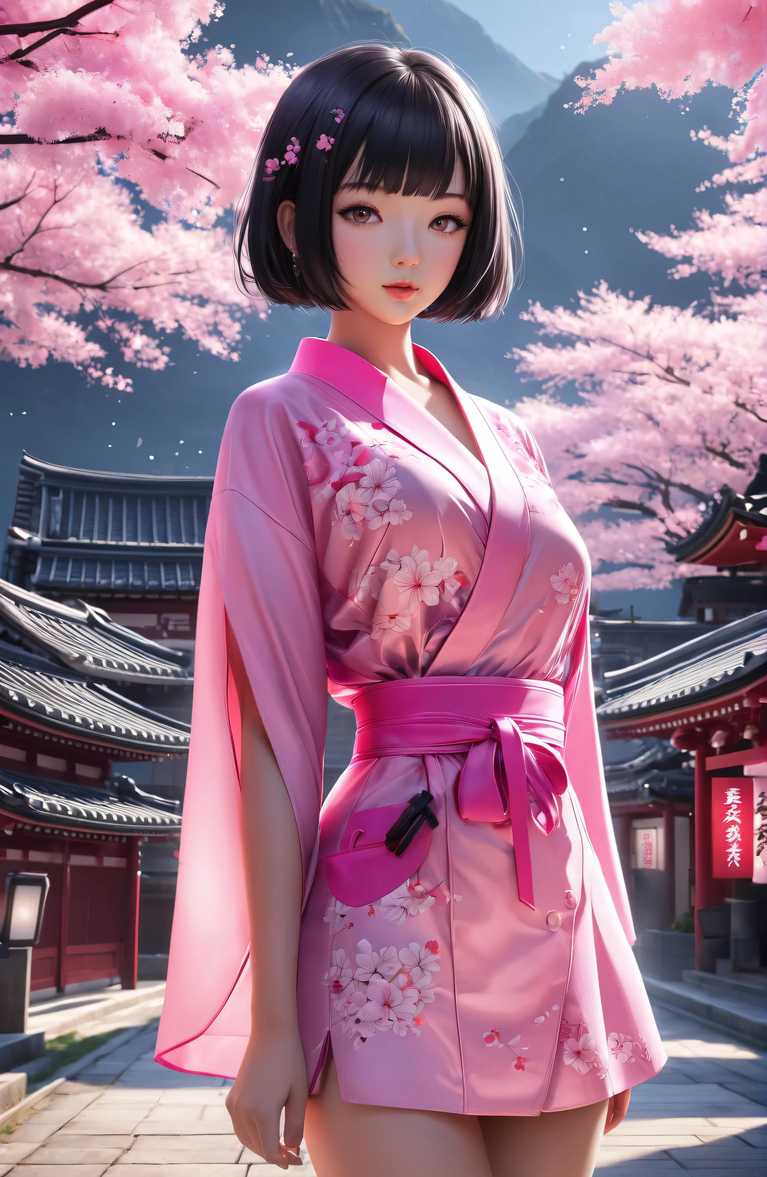 black Sakura, masterpiece, neon pink Bob, grey eyes, blunt cut, Japanese girl, full body