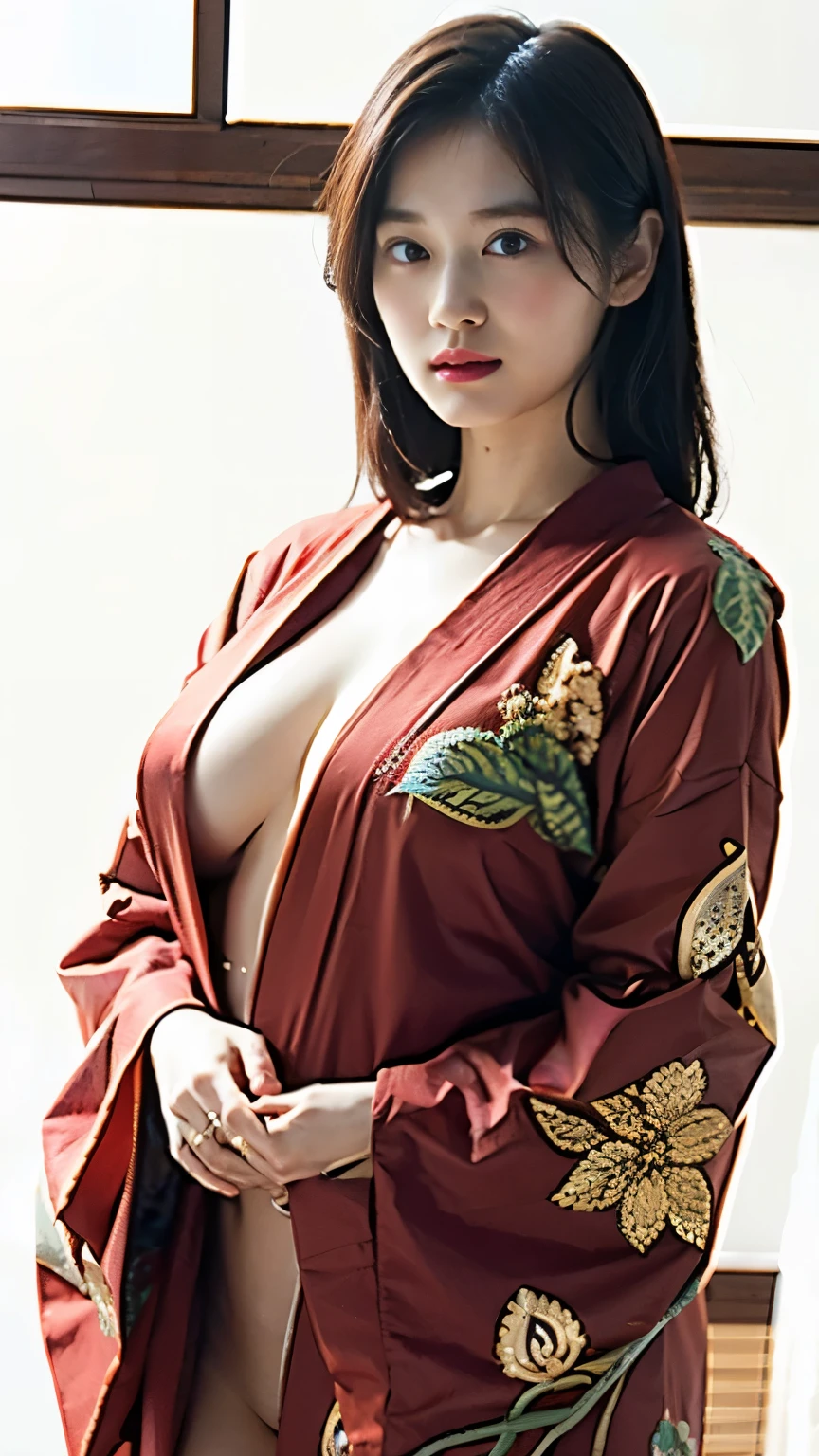 Emma Watson, 25 ans, seductive look, sourire romantique, fine, blond with multicolor hairs, petits sein, masterclasse, HD, 8K, yeux verts, corps fin, cleavages, kimono, samourai, in a japanese garden, dragon tattoo all over the body