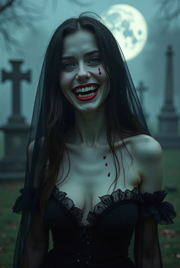 photorealistic image of a creepy girl white pale skin, grinning showing white fangs with red droplets on it, silky hair cascading down her back, hypnotic blue eyes gleaming with an unsettling intensity, shrouded in a tattered, black tulle veil and sheet, her voluptuous figure accentuated by a daring, bare shoulder and cleavage, set against a haunting, full circle dark moon illuminating a misty, abandoned cemetery, her lips curled into a sly, unnerving grin, beckoning the viewer.