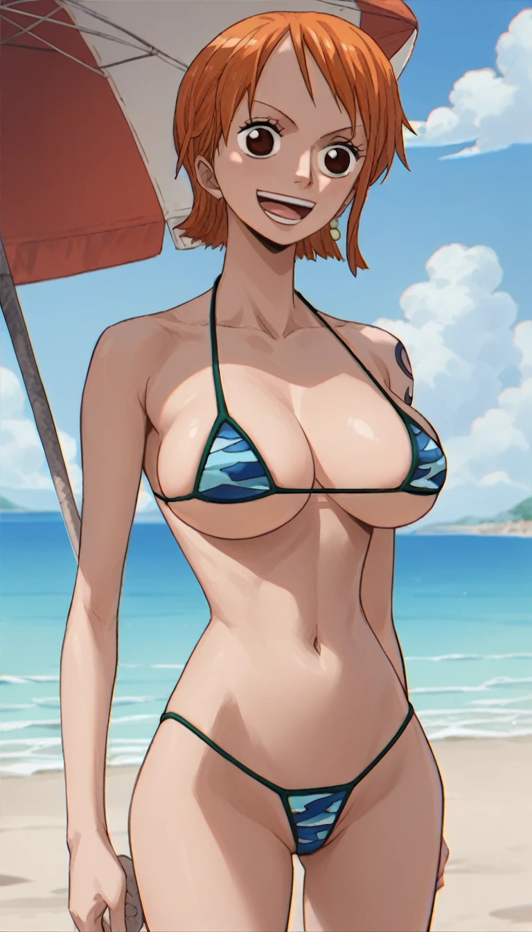 score_9, score_8_up, score_7_up, source_anime, anime_style, 2d, nami, one piece nami, background beach, 1girl, solo, large breasts, micro bikini,  short hair,  happy, 