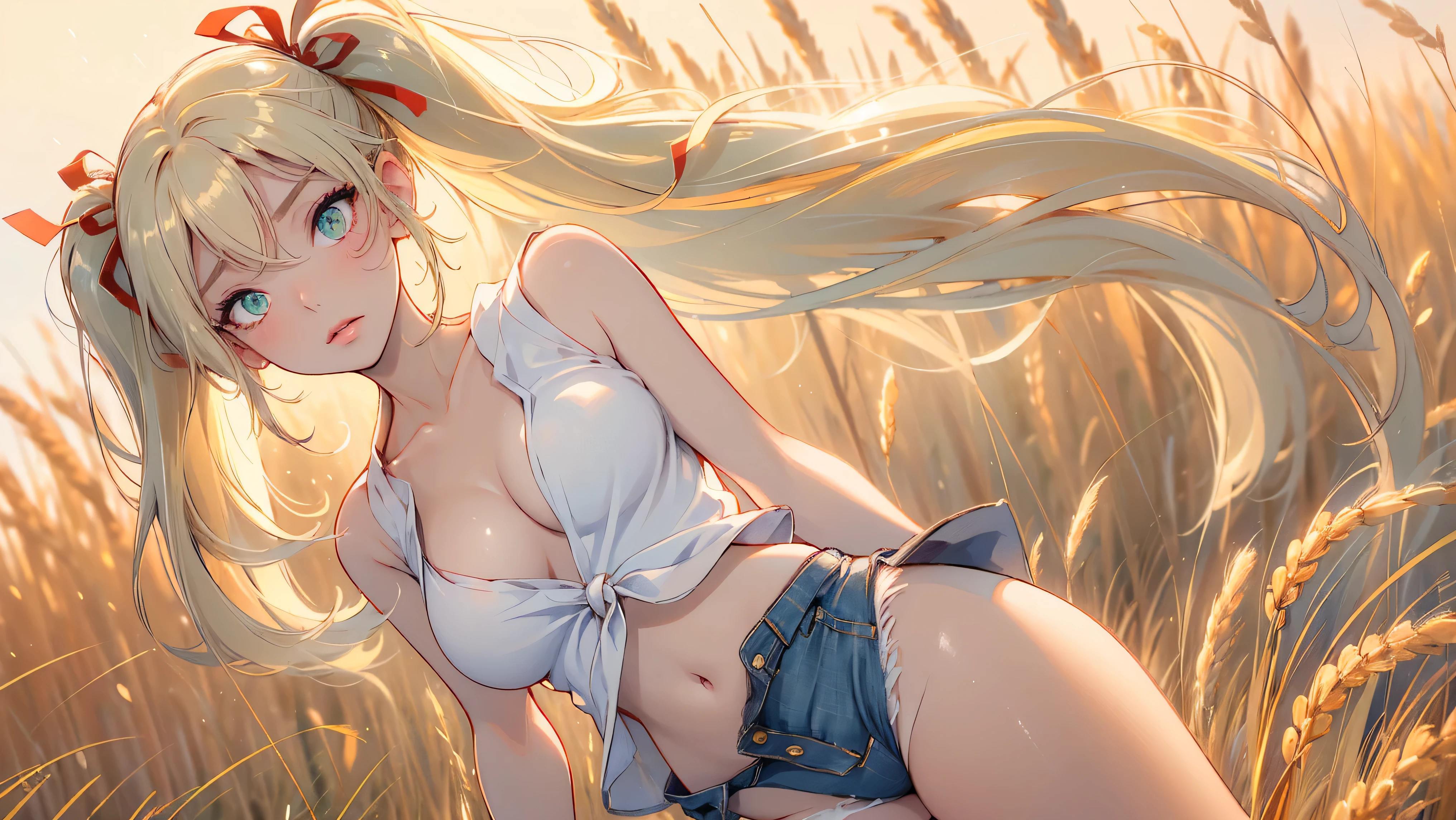 1girl, solo, (masterpiece, best quality, High Detail, 8K), blonde, long wavy hair, twintails with red ribbons in hair, dark tanned skin, extremely sexy, bikini tan, ((large breasts, busty)), cleavage, Head to hips shot, Full body shot, cowboy shot, skinny, large green eyes, ((thin waist, small hips, long torso)), ((Dean Yeagle Style - Mandy)), wearing cutoff bluejean short-shorts and tied off button shirt, shirt busting open, shirt tied just under breasts, country girl, standing in a wheat field, farm background, wheat field,