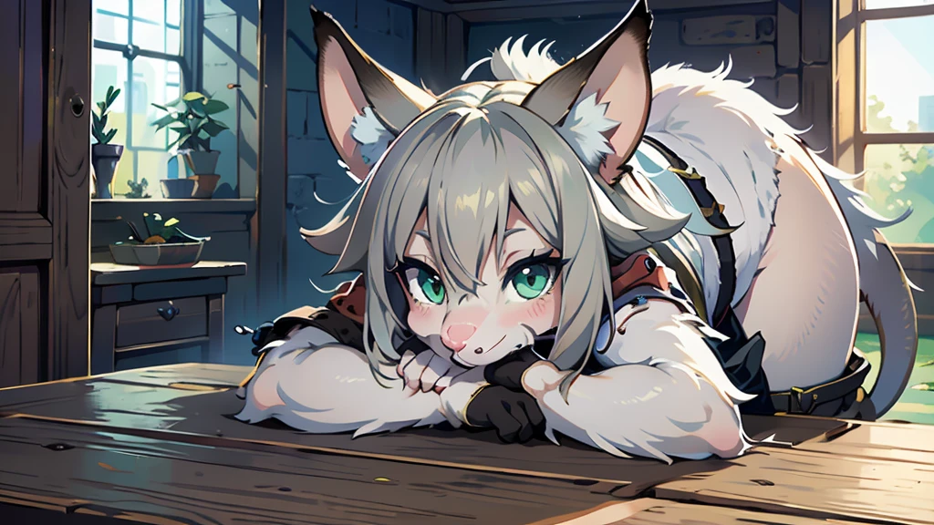  Freya Crescent  ( Final Fantasy),  furry , Alone, Have , Gray Hair , green eyes , Rat&#39;s Tail , Tail ribbon , Snout City  , Ruins , rain , Brick Road,cute,  super quality ,Best Quality,beautiful,Mouse Ears,smile,Chibi, Knight 