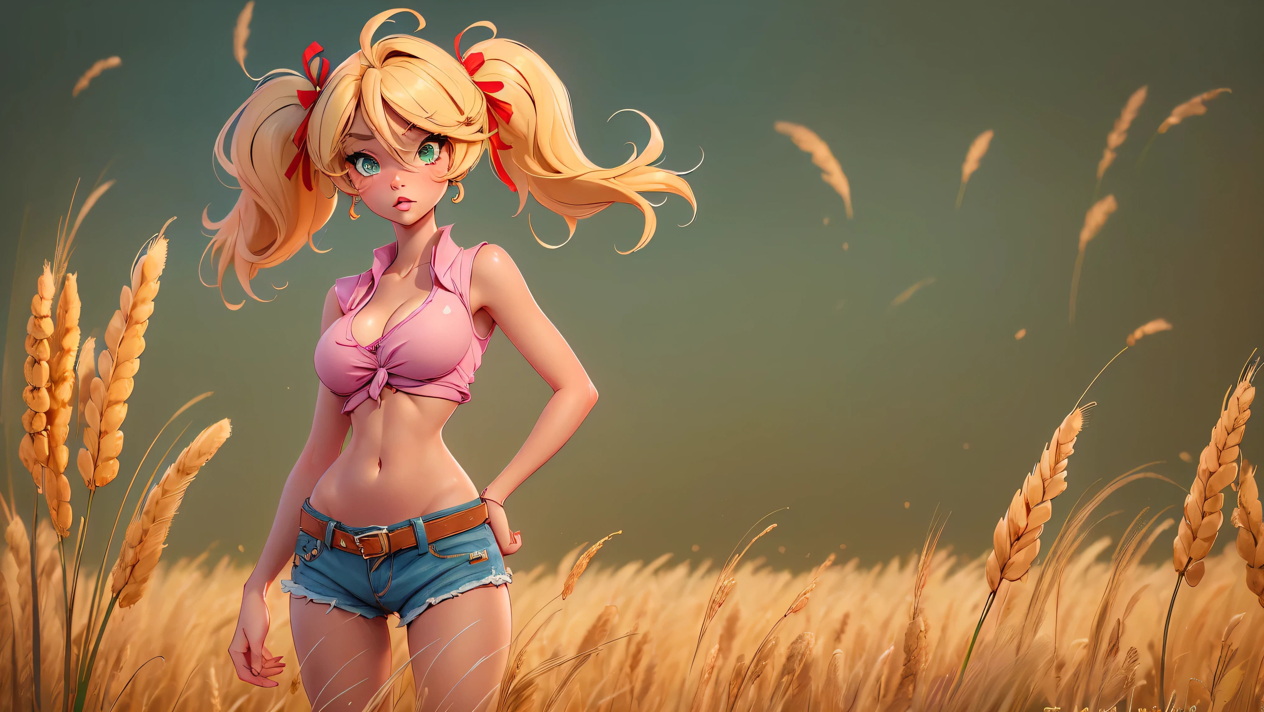 1girl, solo, (masterpiece, best quality, High Detail, 8K), blonde, long wavy hair, twintails with red ribbons in hair, dark tanned skin, extremely sexy, bikini tan, ((large breasts, busty)), cleavage, Head to hips shot, Full body shot, cowboy shot, skinny, large green eyes, ((thin waist, small hips, long torso)), ((Dean Yeagle Style - Mandy)), wearing cutoff bluejean short-shorts and tied off button transparent Pink shirt, shirt busting open, shirt tied just under breasts, country girl, standing in a wheat field, farm background, wheat field,