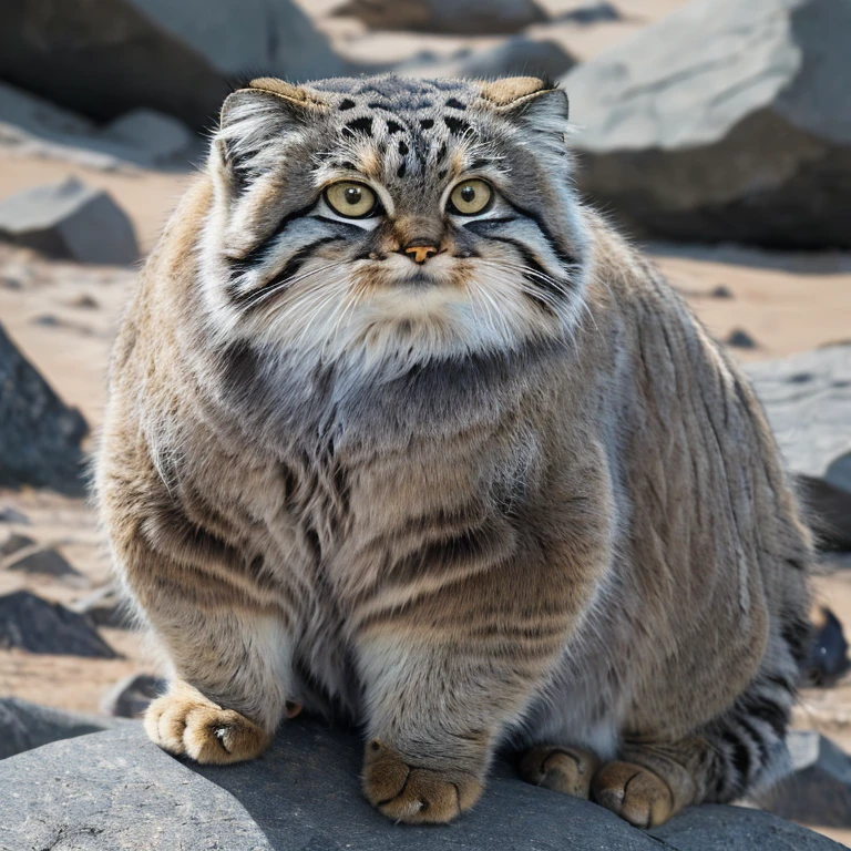 Manul 20,   Ansel Adams style  ,    spectacular full body view of Manul cat sitting on a group of rocks in a desert region in Central Asia, Light fog, (Rugged Rocks  , ,   heavily weathered rock  ,  Dusty desert  :1.2), ( A magnificent composition , Golden Ratio:1.4), (masterpiece,  Best Quality, 16k, 8k, ultra   high definition ,  absurd,   high definition , masterpiece,  Best Quality,  dslr  , RAW photo:1.2),   clean focus  ,   full sharp  , 16k, 8k, ultra   high definition ,  absurd,   high definition ,   very detailed, Advanced Details,   intricate details