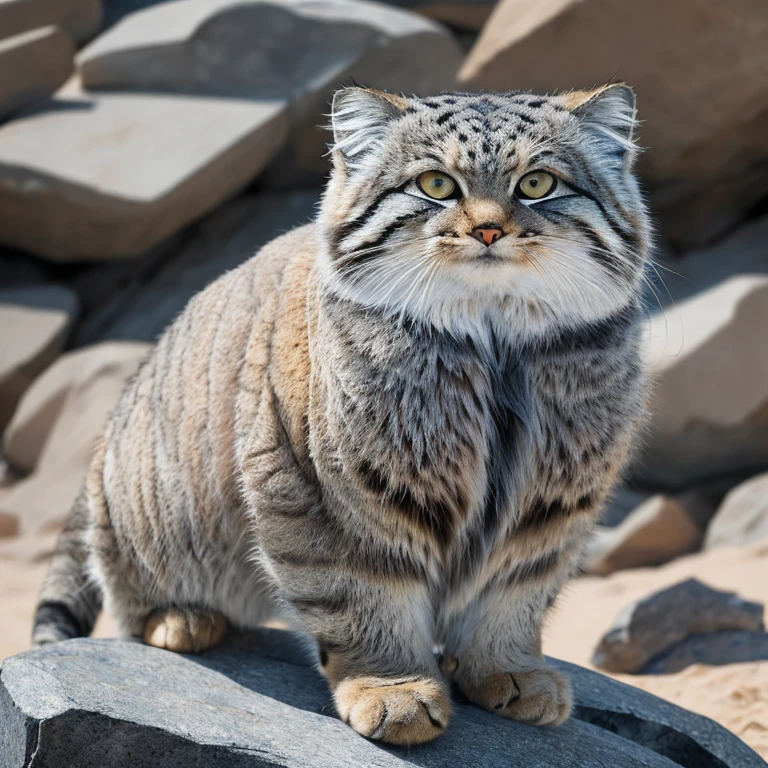 Manul 20,   Ansel Adams style  ,    spectacular full body view of Manul cat sitting on a group of rocks in a desert region in Central Asia, Light fog, (Rugged Rocks  , ,   heavily weathered rock  ,  Dusty desert  :1.2), ( A magnificent composition , Golden Ratio:1.4), (masterpiece,  Best Quality, 16k, 8k, ultra   high definition ,  absurd,   high definition , masterpiece,  Best Quality,  dslr  , RAW photo:1.2),   clean focus  ,   full sharp  , 16k, 8k, ultra   high definition ,  absurd,   high definition ,   very detailed, Advanced Details,   intricate details