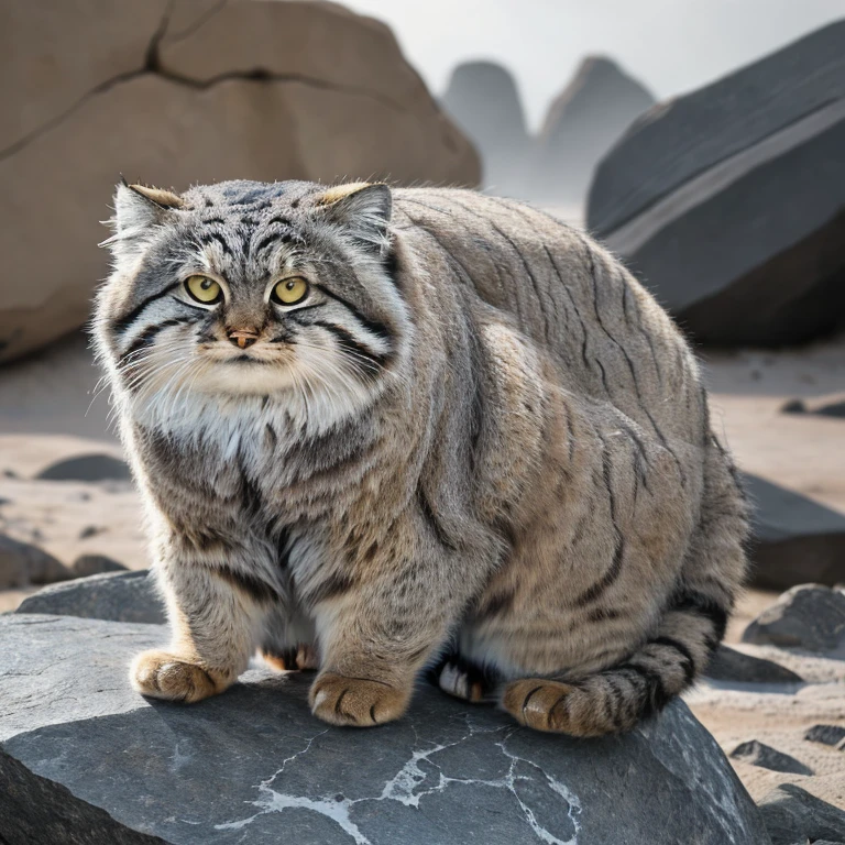 Manul 20,   Ansel Adams style  ,    spectacular full body view of Manul cat sitting on a group of rocks in a desert region in Central Asia, Light fog, (Rugged Rocks  , ,   heavily weathered rock  ,  Dusty desert  :1.2), ( A magnificent composition , Golden Ratio:1.4), (masterpiece,  Best Quality, 16k, 8k, ultra   high definition ,  absurd,   high definition , masterpiece,  Best Quality,  dslr  , RAW photo:1.2),   clean focus  ,   full sharp  , 16k, 8k, ultra   high definition ,  absurd,   high definition ,   very detailed, Advanced Details,   intricate details