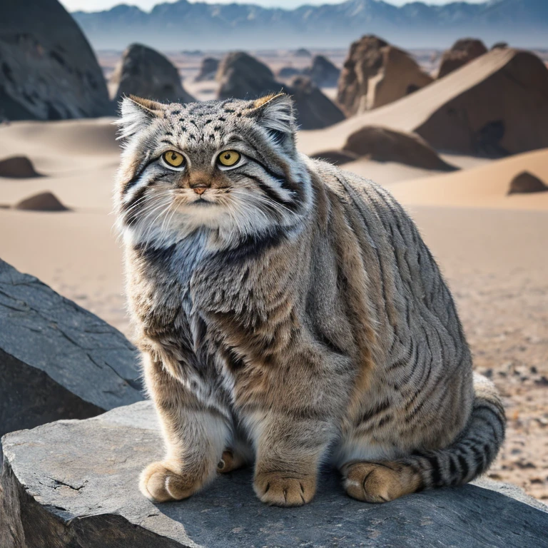 Manul 20,   Ansel Adams style  ,    spectacular full body view of Manul cat sitting on a group of rocks in a desert region in Central Asia, Light fog, (Rugged Rocks  , ,   heavily weathered rock  ,  Dusty desert  :1.2), ( A magnificent composition , Golden Ratio:1.4), (masterpiece,  Best Quality, 16k, 8k, ultra   high definition ,  absurd,   high definition , masterpiece,  Best Quality,  dslr  , RAW photo:1.2),   clean focus  ,   full sharp  , 16k, 8k, ultra   high definition ,  absurd,   high definition ,   very detailed, Advanced Details,   intricate details