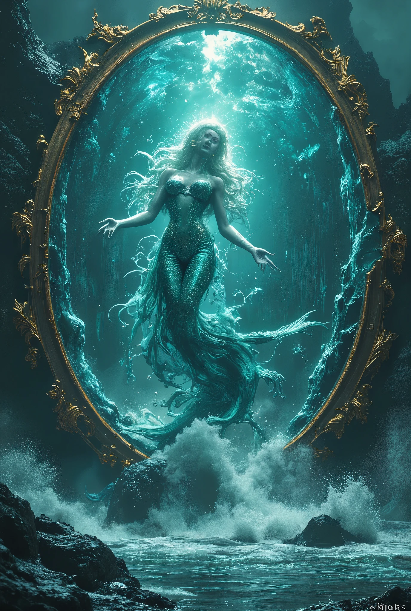 close up, ((best quality)), ((masterpiece)), (detail),((best quality)), ((masterpiece)), ((fanfasy magic)), the picture depicts a mermaid crawls out of a huge broken mirror-portal, fantasy style, hd, a huge picture portal in a gold frame lies on a stone by the ocean,