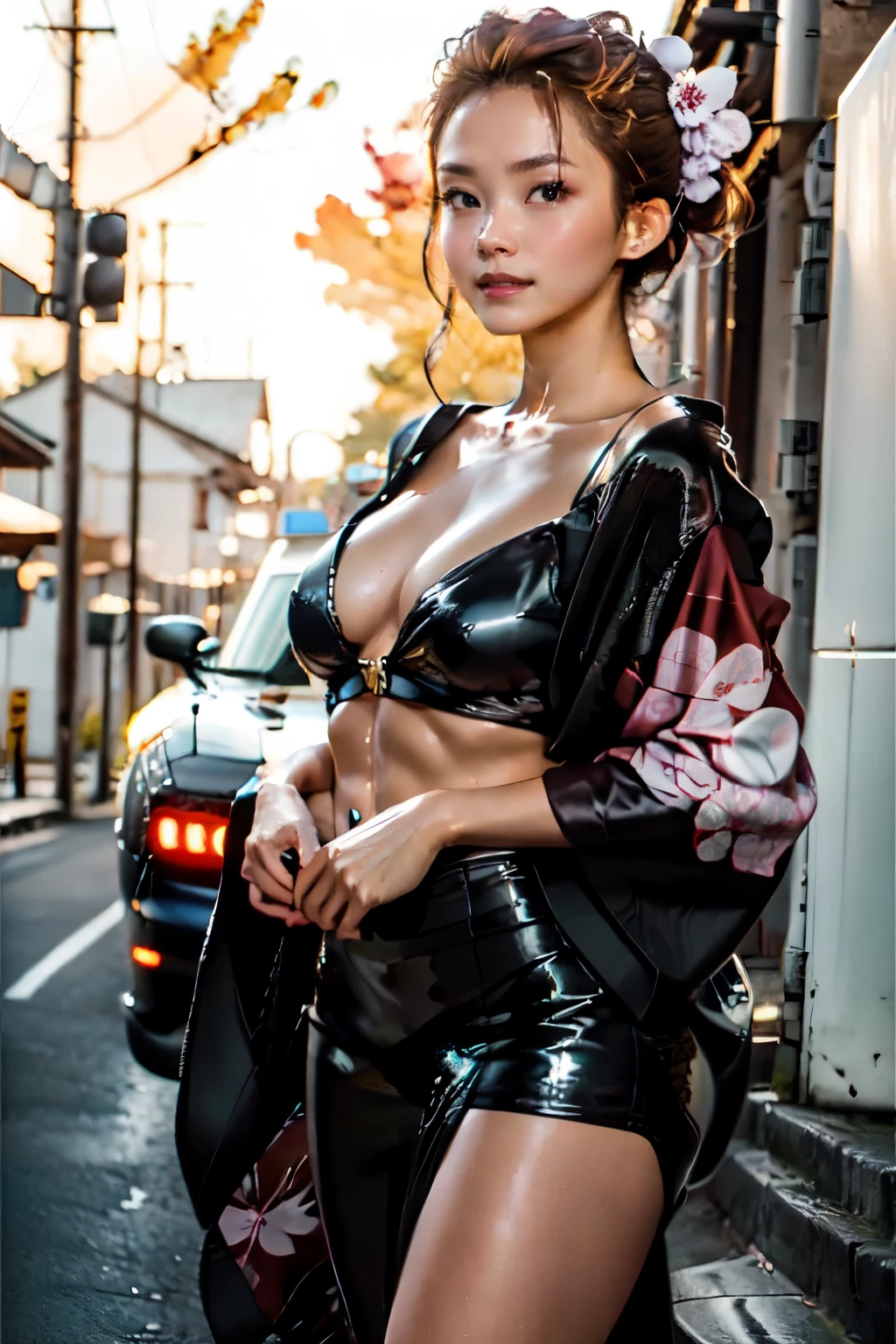 -tuned RX7,A beautiful woman in a kimono is beside the car, anatomically correct, Best Quality, Ultra Wide Angle, Small breasts, abs,Celebrity sunburn,Brown Skin,The main car composition