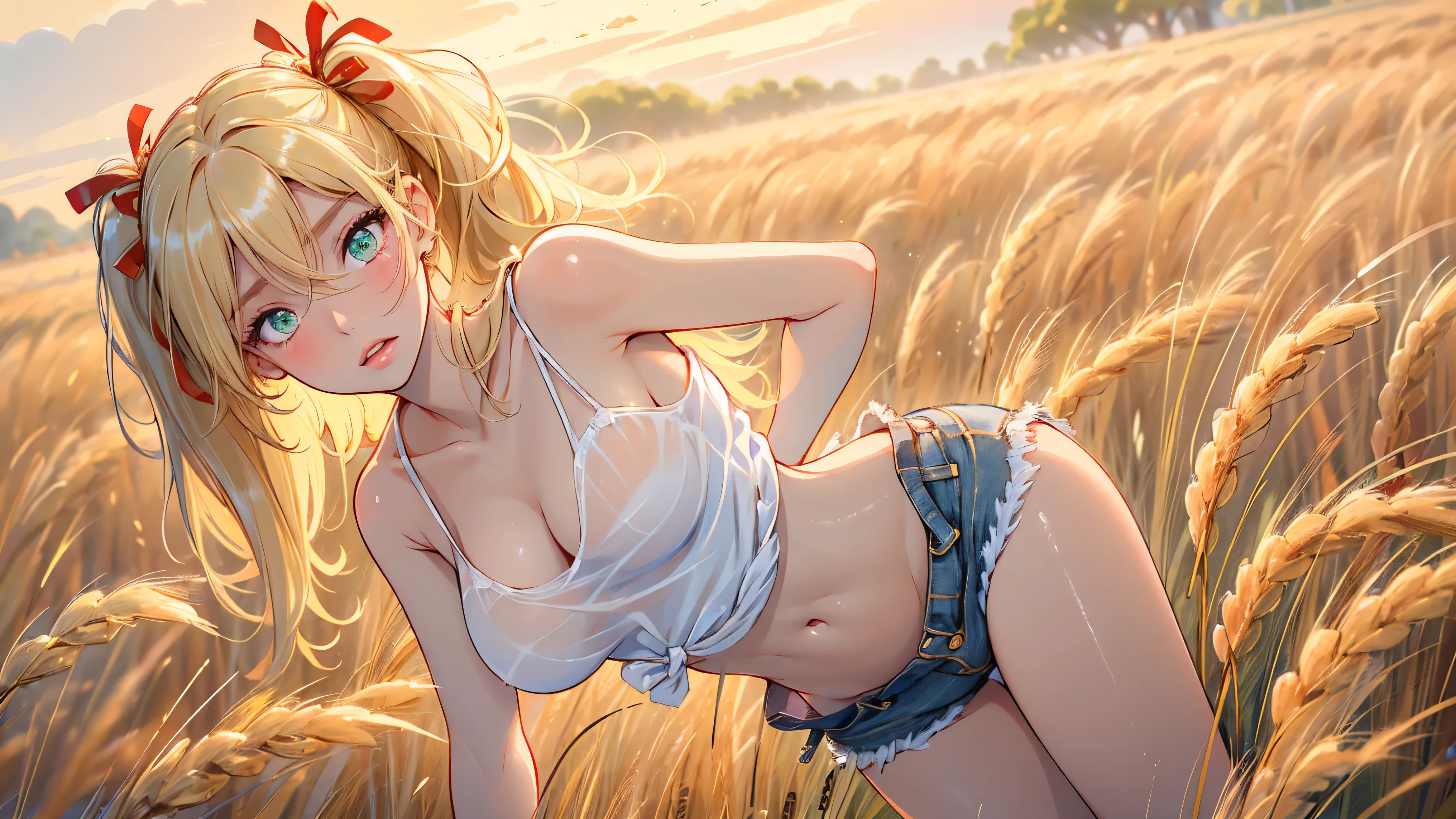 1girl, solo, (masterpiece, best quality, High Detail, 8K), blonde, long wavy hair, twintails with red ribbons in hair, dark tanned skin, extremely sexy, bikini tan, ((large breasts, busty)), cleavage, Head to hips shot, Full body shot, cowboy shot, skinny, large green eyes, ((thin waist, small hips, long torso)), ((Dean Yeagle Style - Mandy)), wearing cutoff bluejean short-shorts and tied off button shirt, shirt busting open, shirt tied just under breasts, country girl, standing in a wheat field, farm background, wheat field,