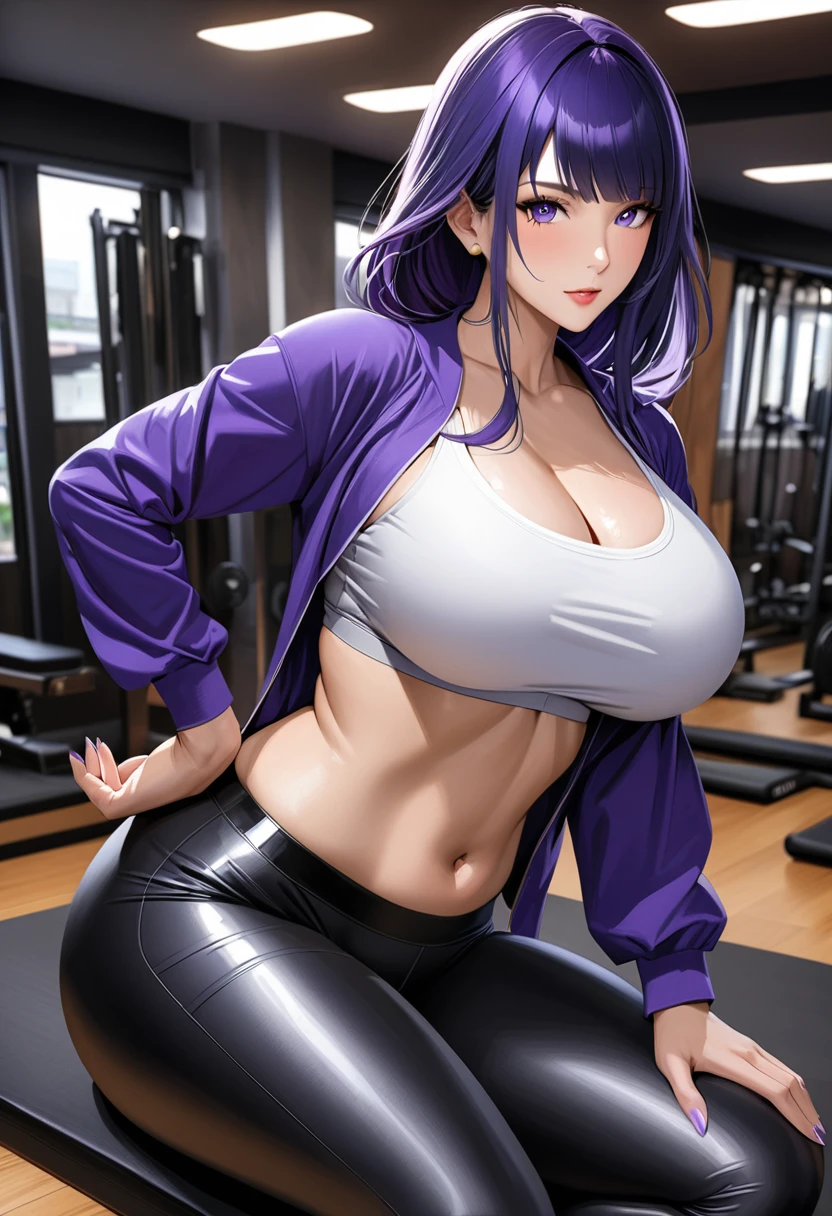 ( masterpiece ), ( realistic anime style), (super detailed ), raiden shogun,Awesome MILF, Super beautiful,  VERY BEAUTIFUL ,  huge breasts,  big butt blouse , fitted sports bra, fitted leggings, posing, an electric gym