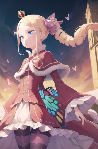 Beatrice,  girl,  blond hair,  blue eyes, (butterfly eyes :1.5), Drill Hair, Long Hair,   twin drill,  capelet, Crown,  dress, Frilled ribbon, frills,  fur trim, fur-trimmed  capelet, long  dress,  long sleeve, mini Crown, red  capelet,  sleeves go past wrists,    pantyhose,
