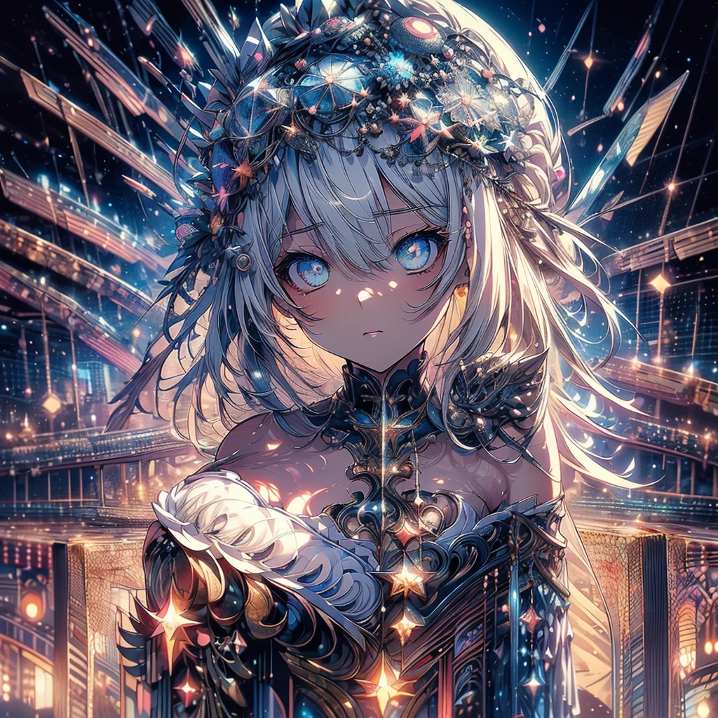 Absurd,anime,Detailed and beautiful eyes,(ArtStyle),(artistic:1.5),sleeveless,Silver　hair,(a girl:1.5),(small breasts:1.2),(small chest:1.2),dark FANTASY,Sexy BODY line,mysterious,(look away:1.5),detailed clothes,masterpiece, moe kawaii,abyss,luster,lame,(ultra detailed:1.2), ((highest quality)) ,Extremely Delicately Beautiful ,64k,Overlooking, whole body,