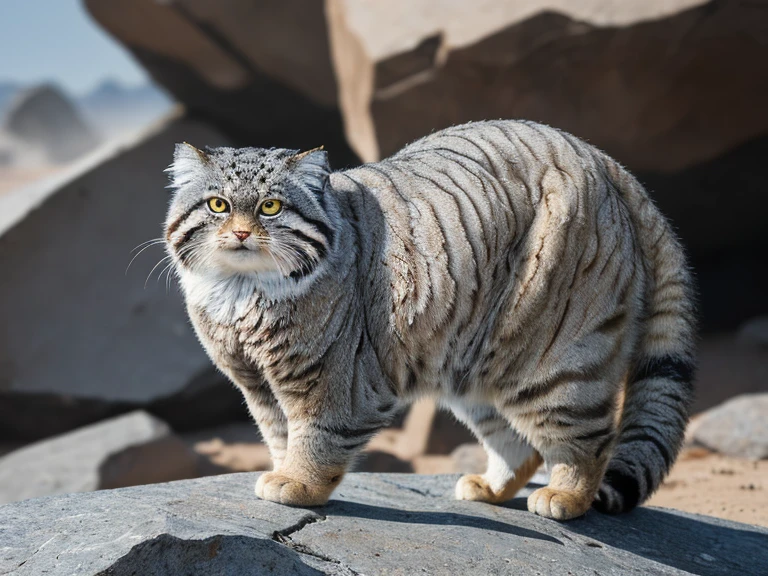 Manul 20,  Ansel Adams style  ,  spectacular full-body view of a Manul cat who intends to hide in a group of rocks in the desert region of Central Asia, Thin dust , (Rugged Rocks , ,  heavily weathered rock  , Dusty desert  :1.2), ( A magnificent composition , Golden Ratio:1.4), (masterpiece, Best Quality, 16k, 8k, ultra  high definition ,  absurd,  high definition , masterpiece, Best Quality, dslr , RAW photo:1.2),  clean focus  ,  full sharp  , 16k, 8k, ultra  high definition ,  absurd,  high definition ,  very detailed, Advanced Details,  intricate details