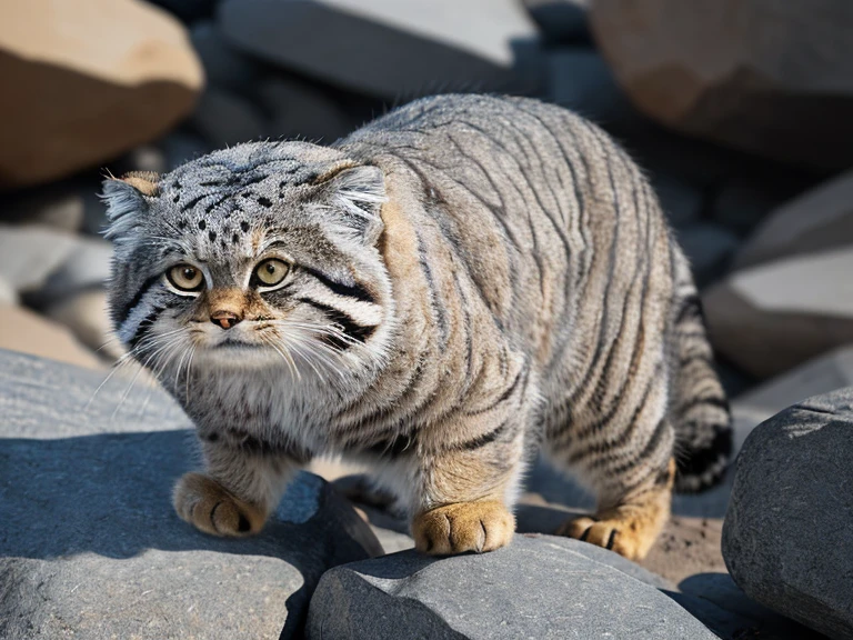 Manul 20,  Ansel Adams style  ,  spectacular full-body view of a Manul cat who intends to hide in a group of rocks in the desert region of Central Asia, Thin dust , (Rugged Rocks , ,  heavily weathered rock  , Dusty desert  :1.2), ( A magnificent composition , Golden Ratio:1.4), (masterpiece, Best Quality, 16k, 8k, ultra  high definition ,  absurd,  high definition , masterpiece, Best Quality, dslr , RAW photo:1.2),  clean focus  ,  full sharp  , 16k, 8k, ultra  high definition ,  absurd,  high definition ,  very detailed, Advanced Details,  intricate details