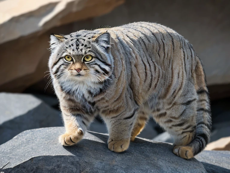 Manul 20,  Ansel Adams style  ,  spectacular full-body view of a Manul cat who intends to hide in a group of rocks in the desert region of Central Asia, Thin dust , (Rugged Rocks , ,  heavily weathered rock  , Dusty desert  :1.2), ( A magnificent composition , Golden Ratio:1.4), (masterpiece, Best Quality, 16k, 8k, ultra  high definition ,  absurd,  high definition , masterpiece, Best Quality, dslr , RAW photo:1.2),  clean focus  ,  full sharp  , 16k, 8k, ultra  high definition ,  absurd,  high definition ,  very detailed, Advanced Details,  intricate details