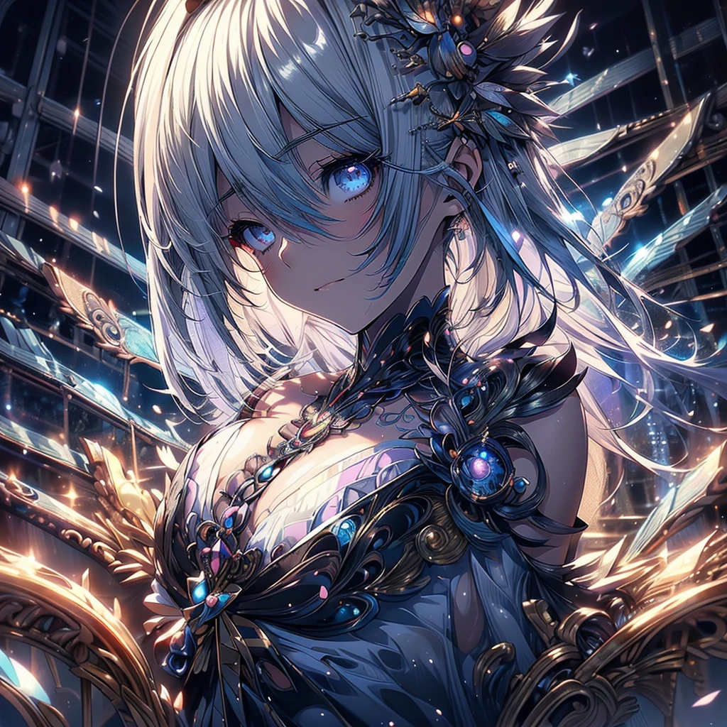 Absurd,anime,Detailed and beautiful eyes,(ArtStyle),(artistic:1.5),sleeveless,Silver　hair,(a girl:1.5),(small breasts:1.2),(small chest:1.2),dark FANTASY,Sexy BODY line,mysterious,(look away:1.5),detailed clothes,masterpiece, moe kawaii,abyss,luster,lame, ,64k,Overlooking, whole body,