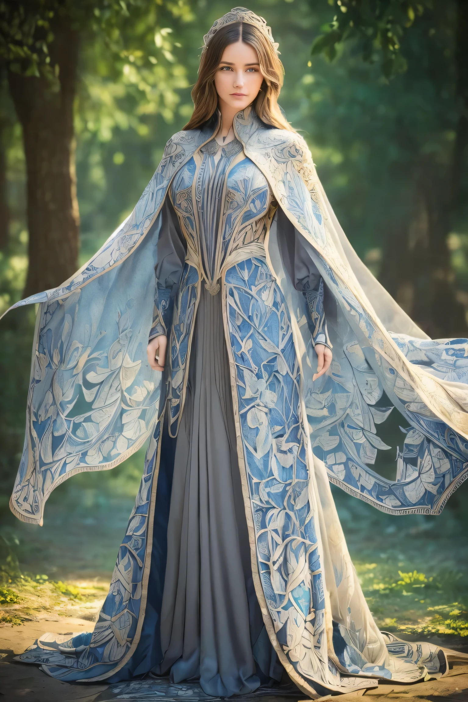 (magician), (Light clothing), ((Beauty)), (smile), (Unreal Engine 5, High image quality, best quality, high definition, Super detailed, extremely delicate , professional, anatomically accurate , creativity, RAW Photos, 超 high definition, 32K, Natural Light, Movie Lighting, masterpiece-anatomy-perfect, masterpiece:1.5), Leaves are dancing in strong winds , The cloak is fluttering in the wind, ( intricately patterned fabric :1.2), realistic hands, FanRo