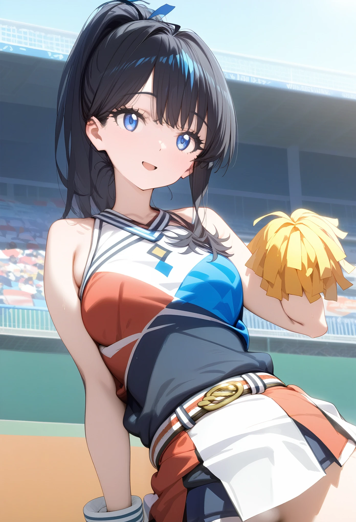 Alone, 1 girl,Beautiful body, Beautiful light, Beautiful Shadows,Super detailed,masterpiece,Best Quality,  Takara Darika ,  blue eyes,  Black Hair , Long Hair, bangs, Orange Wrist Scrunchy,  ponytail, single  ponytail, Dance Team Uniforms , pleated skirt,(Nap,  cheerleader:1.2),Baseball Stadium, cowboy shot,  , smile,  mouth,