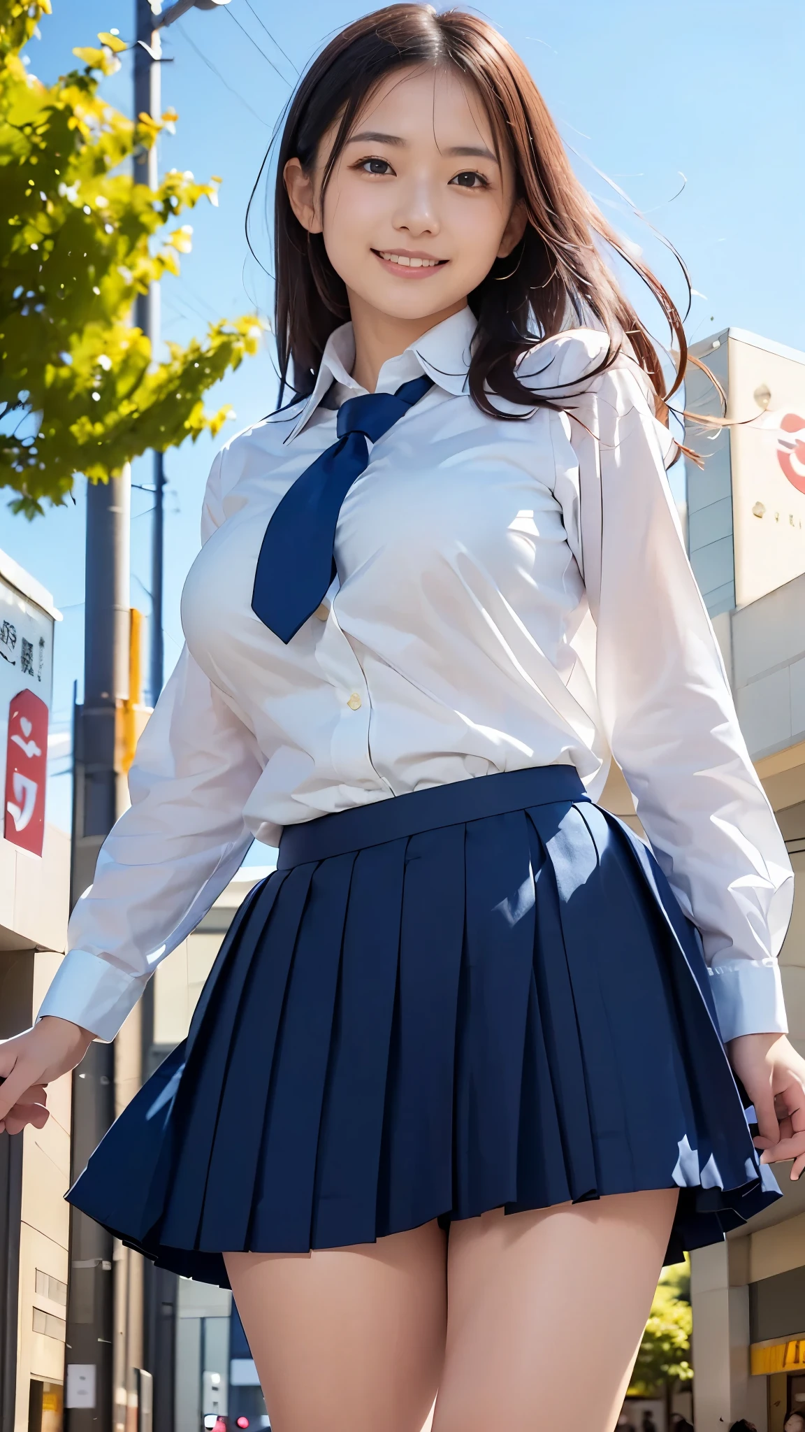 Best Quality,masterpiece, ultra high resolution,high definition raw color photo, professional photography, Natural Skin Textures ,Fine skin,hyperrealism, Japanese Women,((smile,((Schoolgirl uniform,WHITE shirt,windy up skirt), Navy pleated skirt,Short tie)),spread legs,walking),gigantic breast, shopping mall